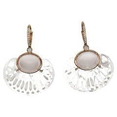 18kt rose gold pendant earrings, with mother of pearl , pink quartz, diamonds