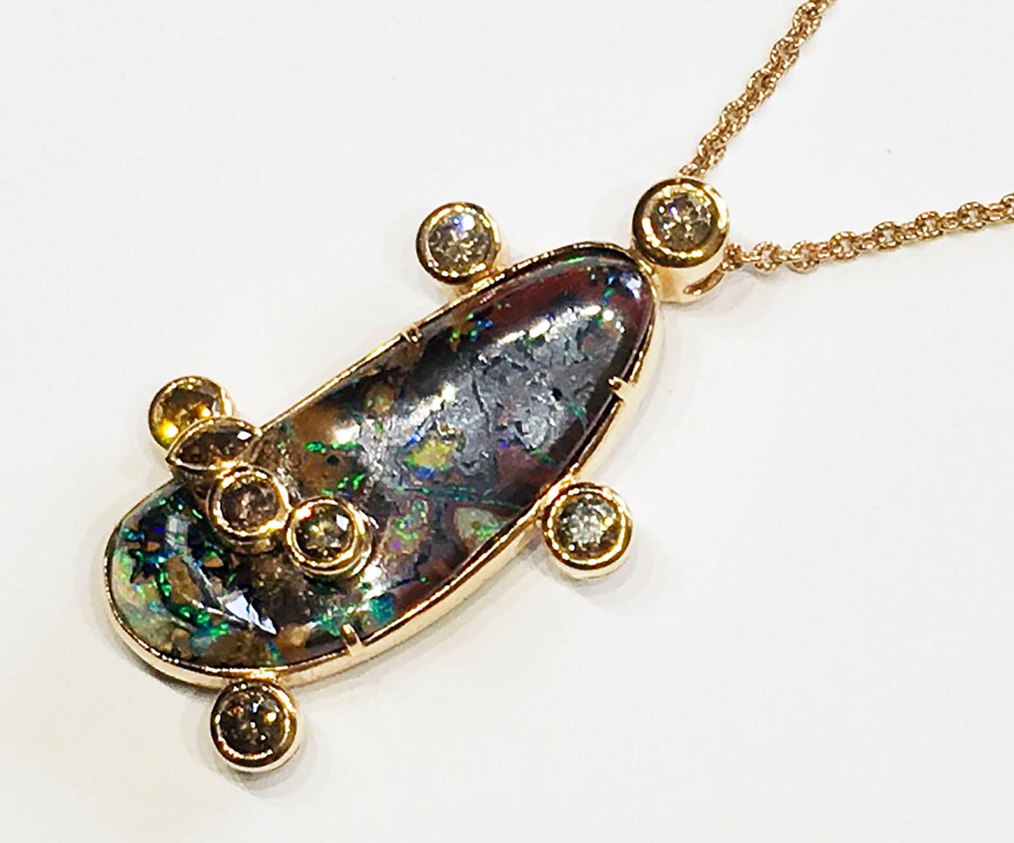 18kt Rose Gold Pendant with Cognac Diamonds and Australian Boulder Opal 4