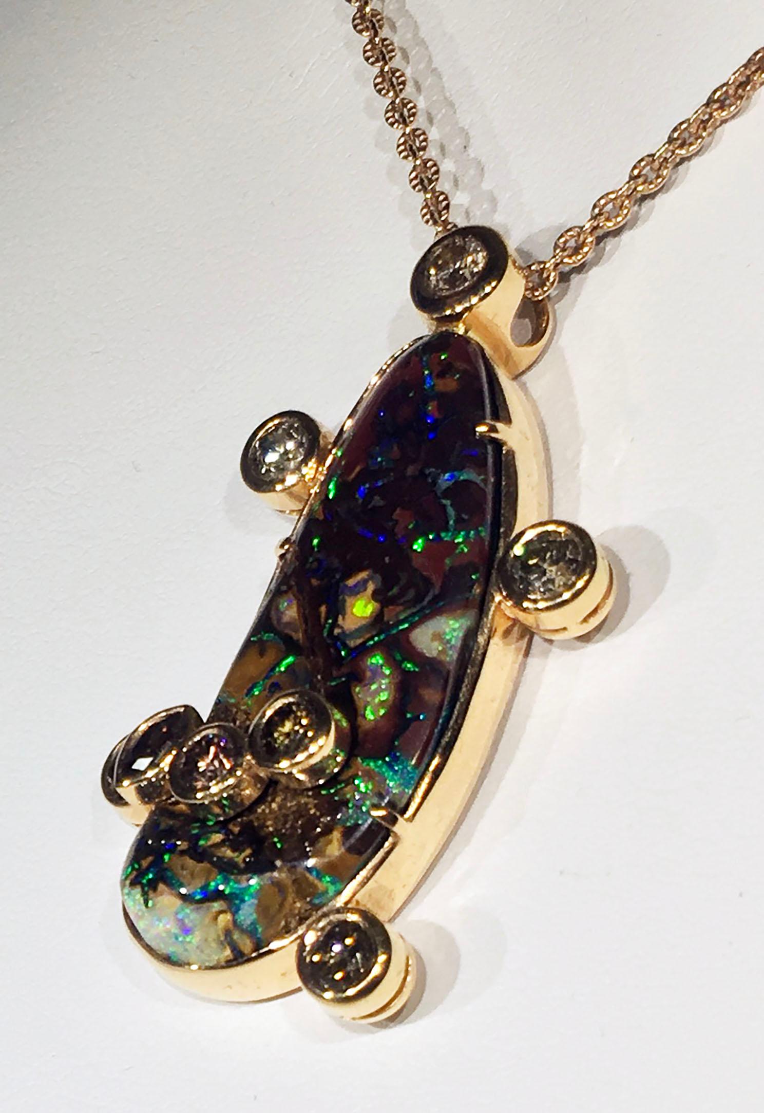 18kt Rose Gold Pendant with Cognac Diamonds and Australian Boulder Opal In New Condition In Seattle, WA