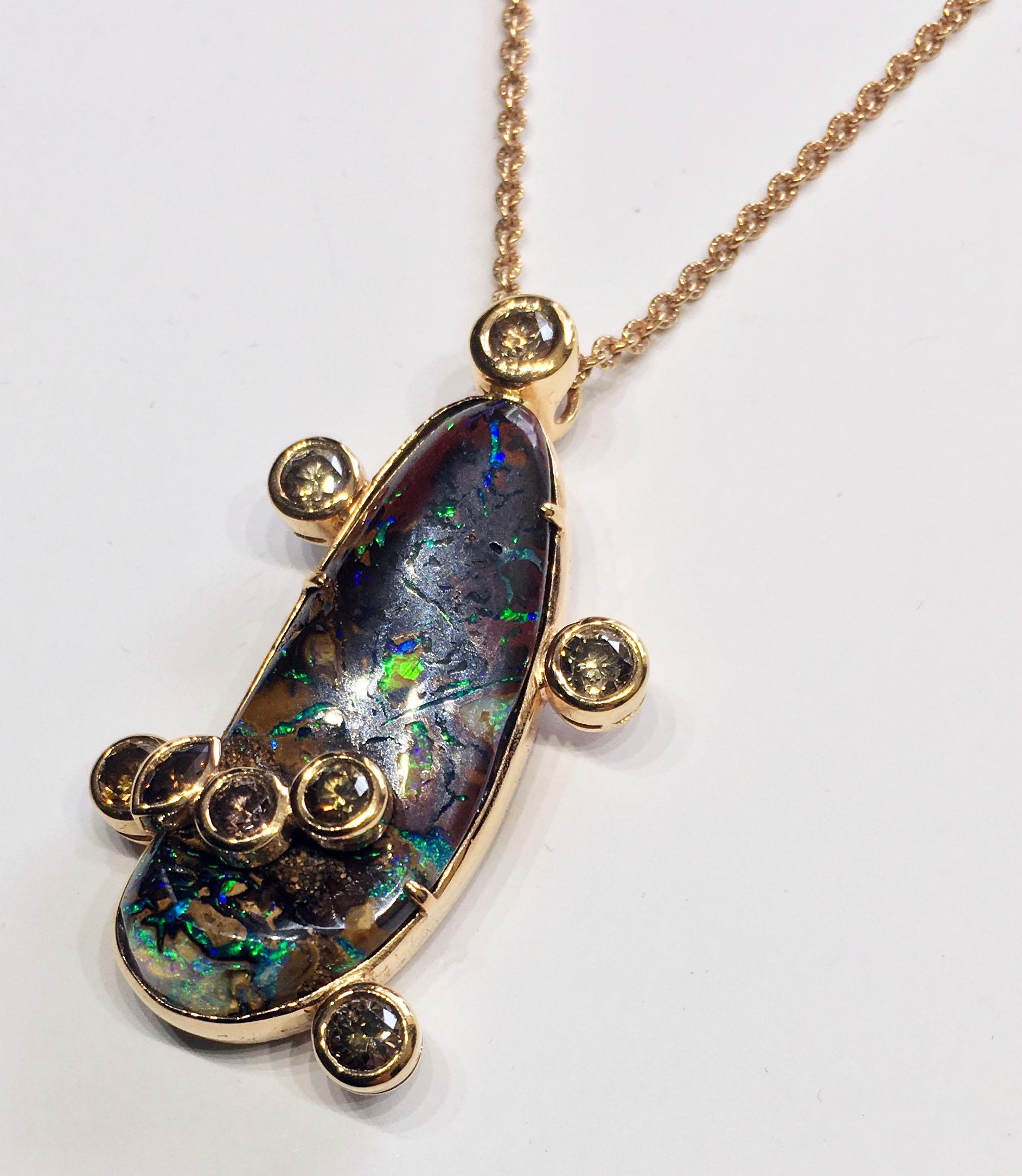 18kt Rose Gold Pendant with Cognac Diamonds and Australian Boulder Opal 2