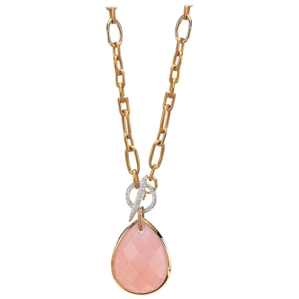 18 Karat Roségold Anhänger mit birnenförmigem Rosenquarz und Diamant-Knöpfen im Angebot