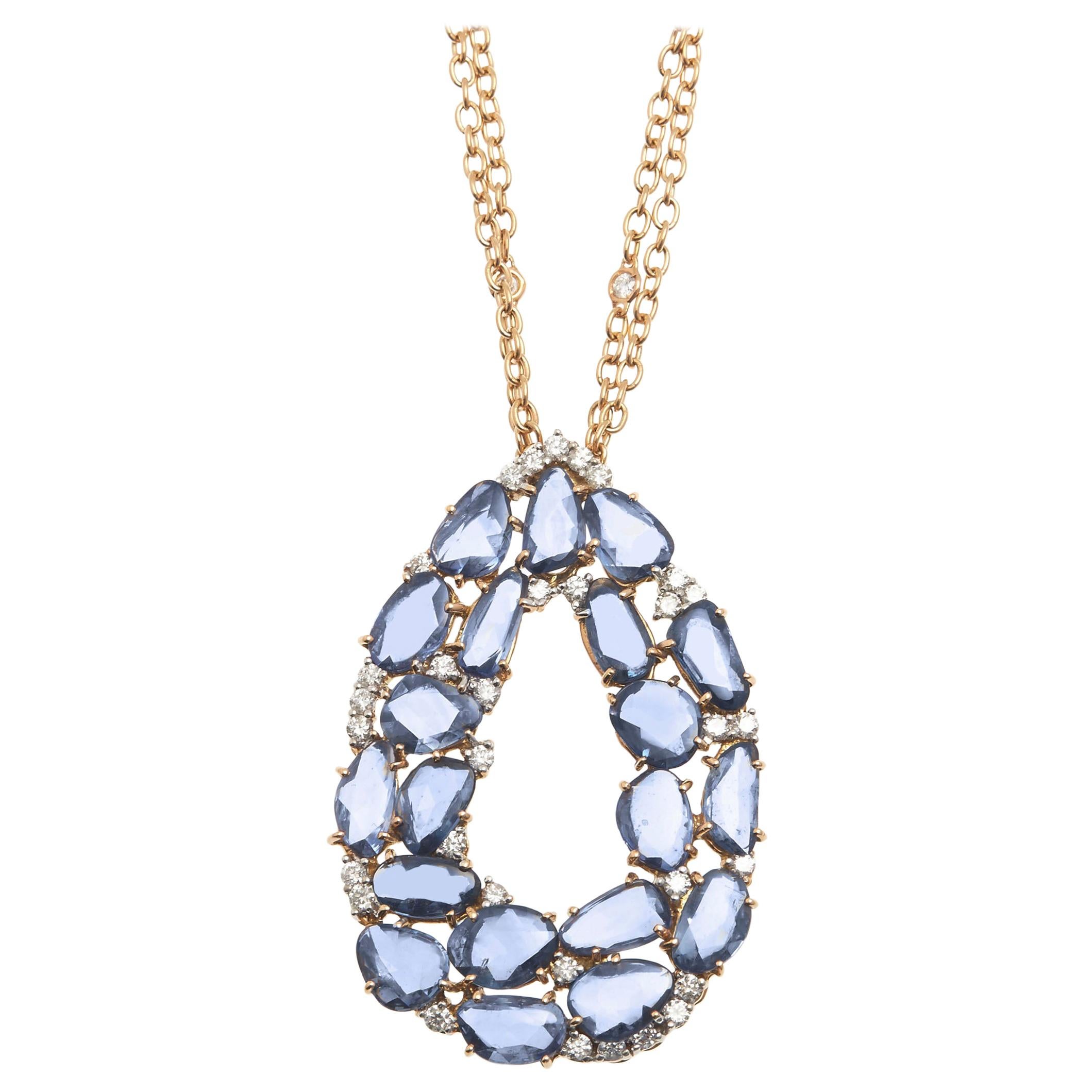 18kt Rose Gold Pendant with Scattered Light blue Sapphires and Diamonds For Sale