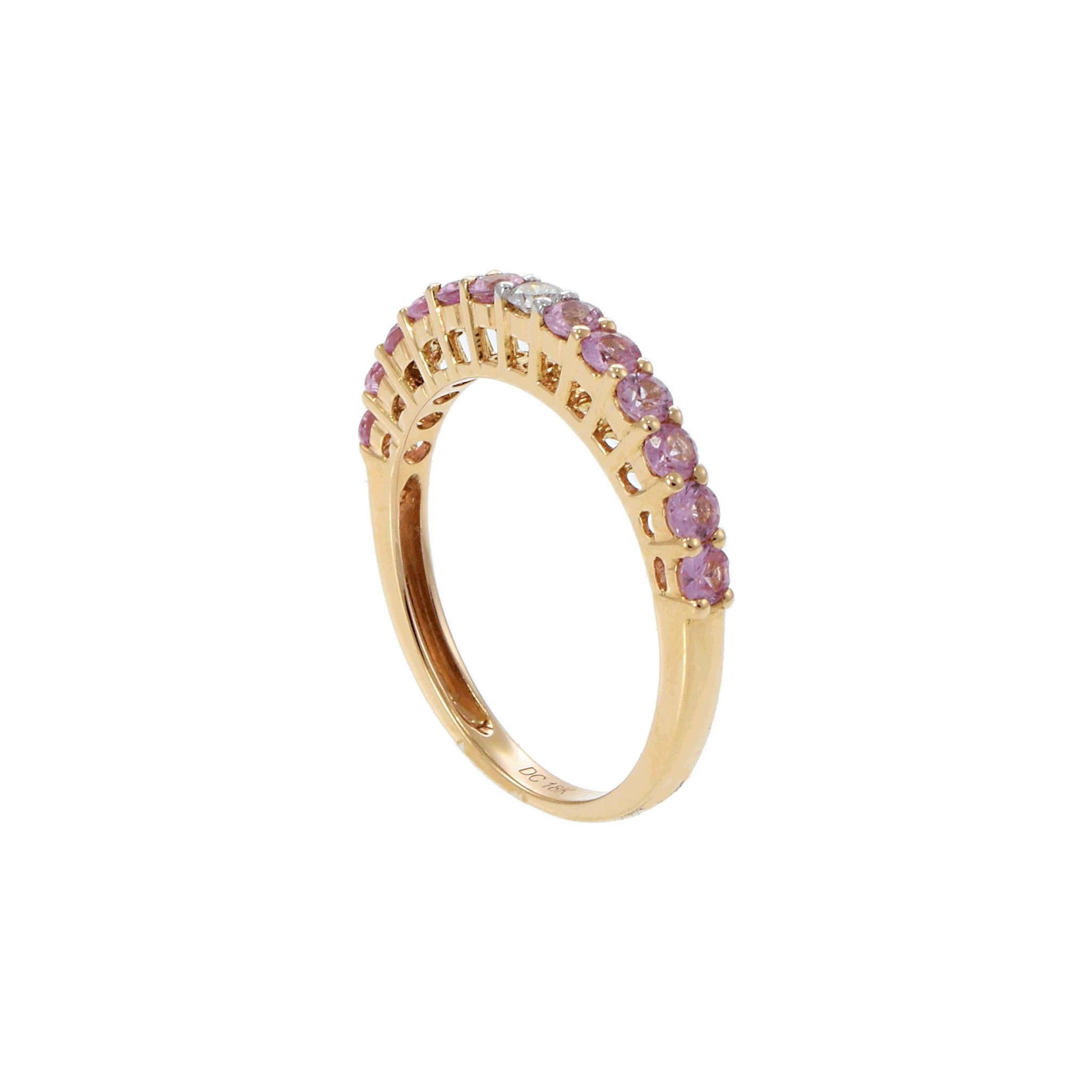 Round Cut 18KT Rose Gold Pink Sapphire and Diamond Accent Ring For Sale