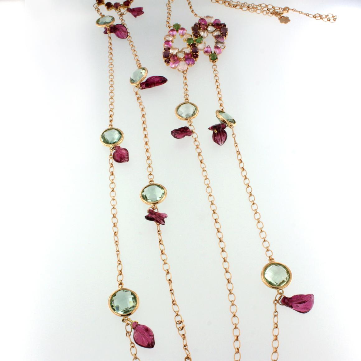 Moderno Collana lunga in oro rosa 18kt con quarzo Prasiolite e tormalina rosa e diamanti bianchi in vendita