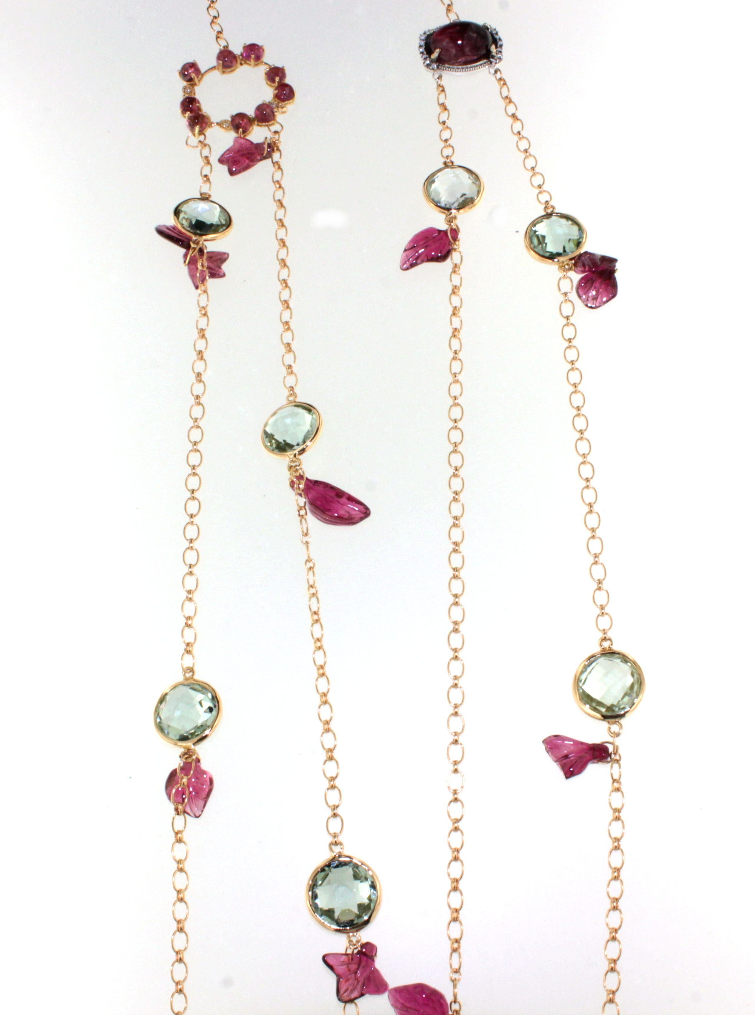 da uomo o donna Collana lunga in oro rosa 18kt con quarzo Prasiolite e tormalina rosa e diamanti bianchi in vendita