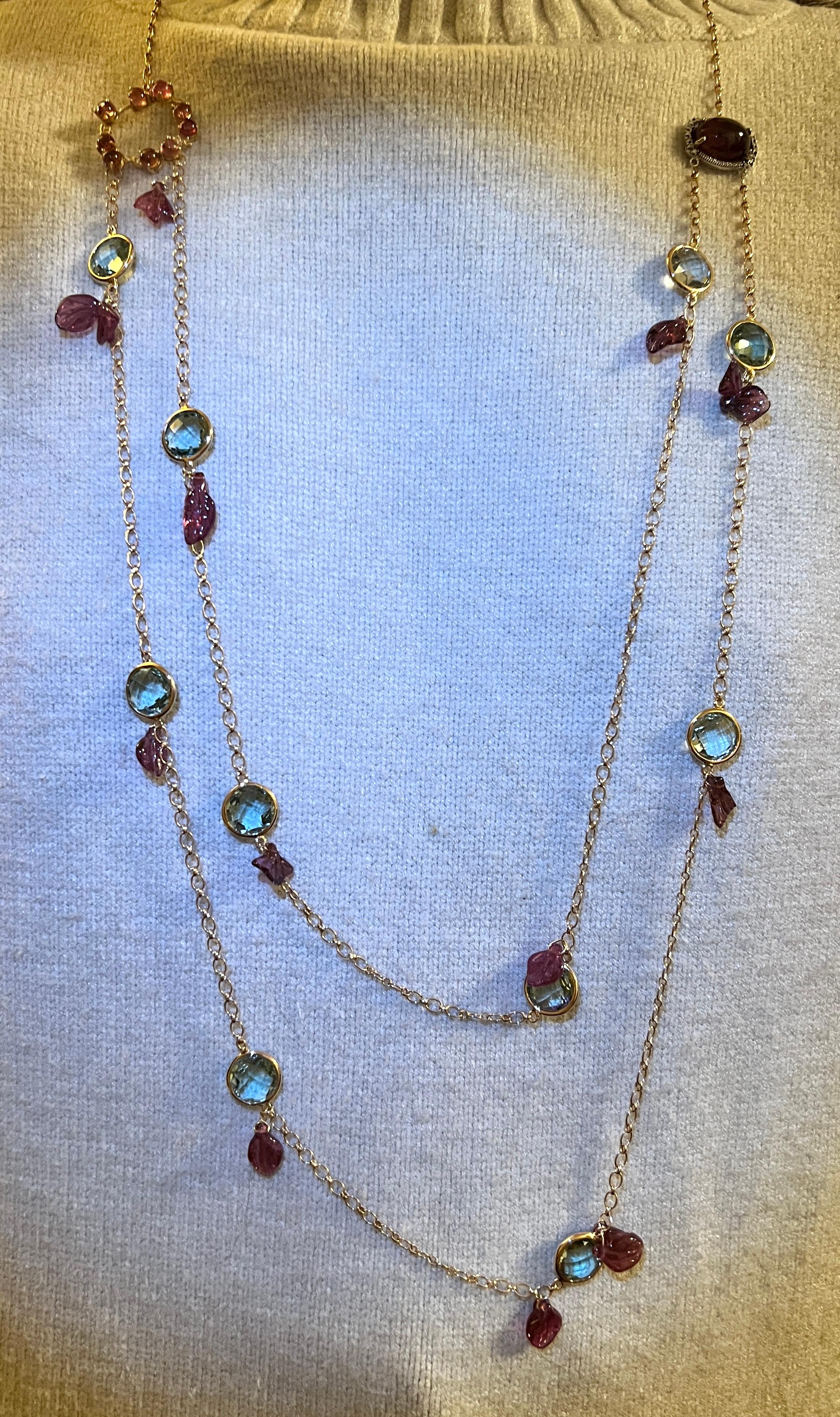 Collana lunga in oro rosa 18kt con quarzo Prasiolite e tormalina rosa e diamanti bianchi in vendita 1
