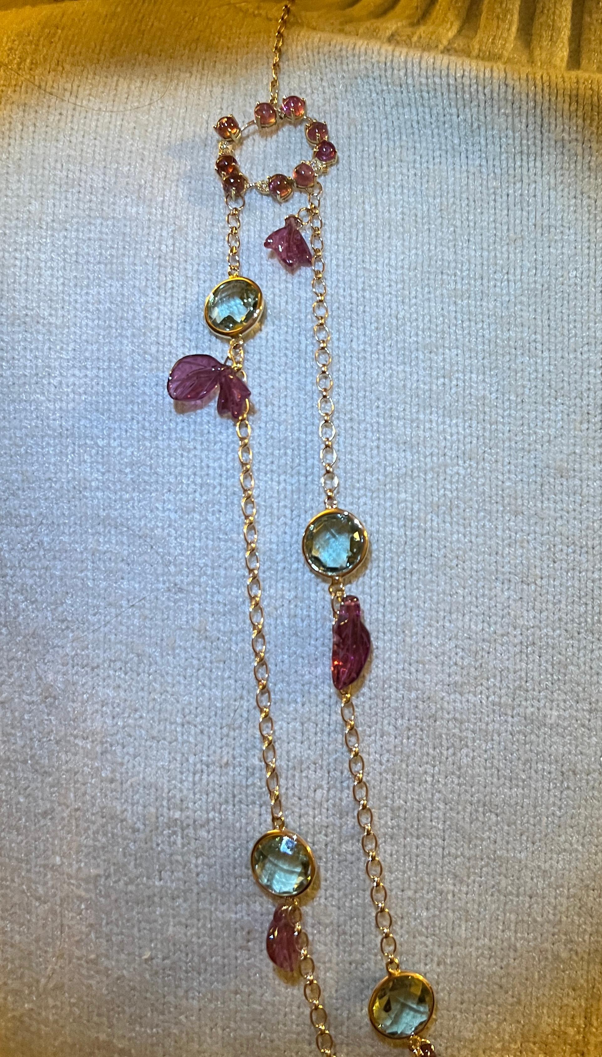 Collana lunga in oro rosa 18kt con quarzo Prasiolite e tormalina rosa e diamanti bianchi in vendita 2