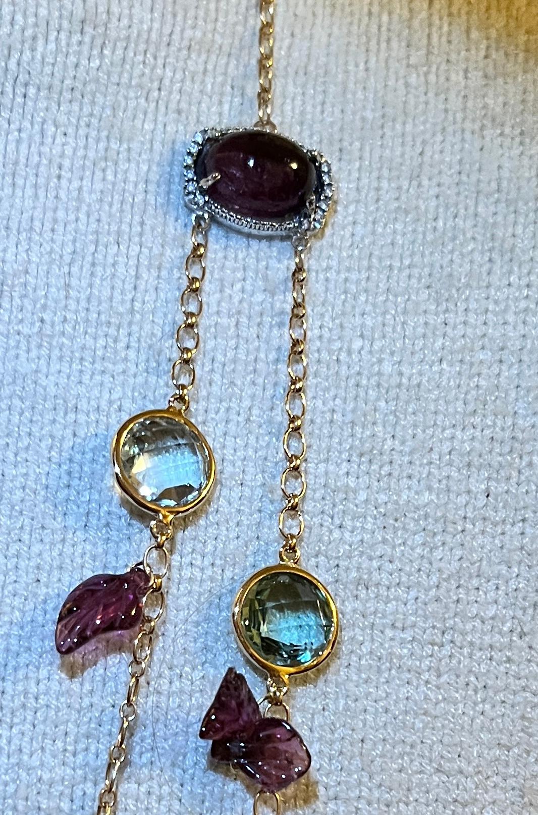 Collana lunga in oro rosa 18kt con quarzo Prasiolite e tormalina rosa e diamanti bianchi in vendita 3