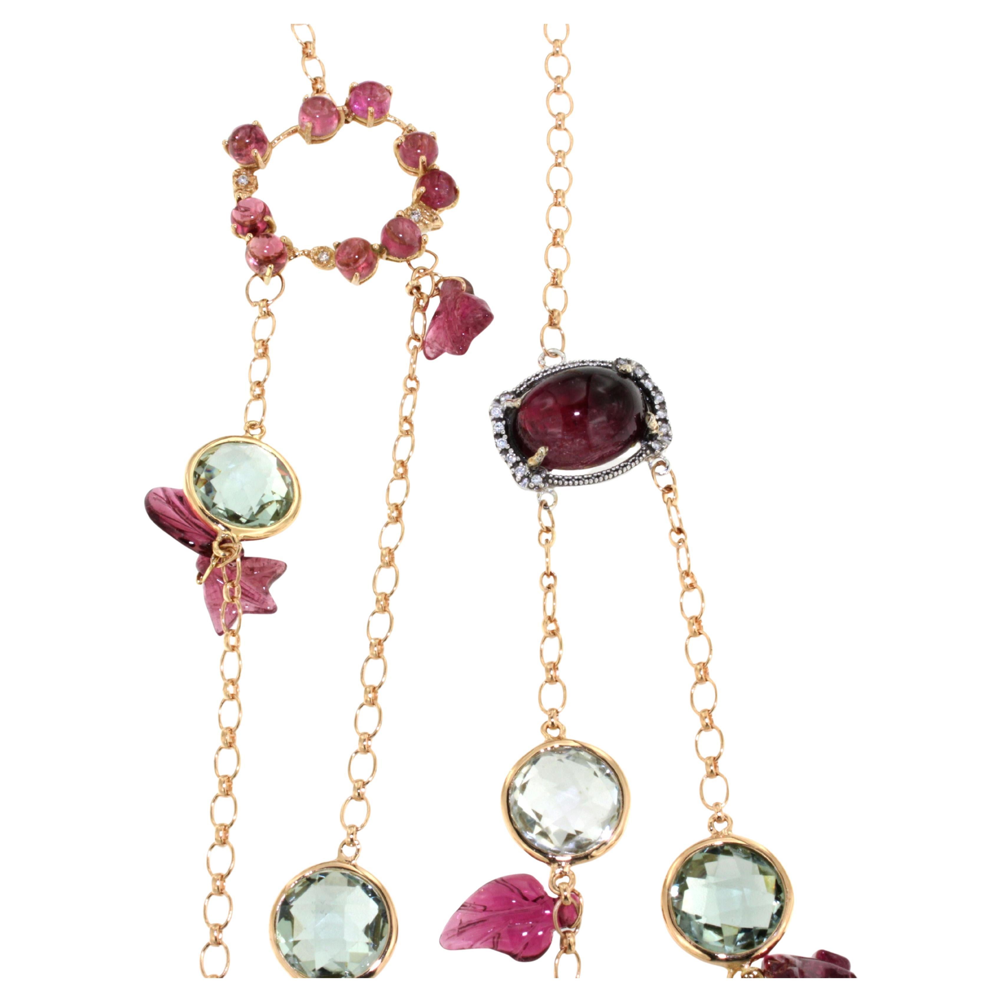 18kt Rose Gold Pink Tourmaline Prasiolite Quartz White Diamonds Long Necklace
