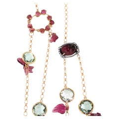 Collana lunga in oro rosa 18kt con quarzo Prasiolite e tormalina rosa e diamanti bianchi