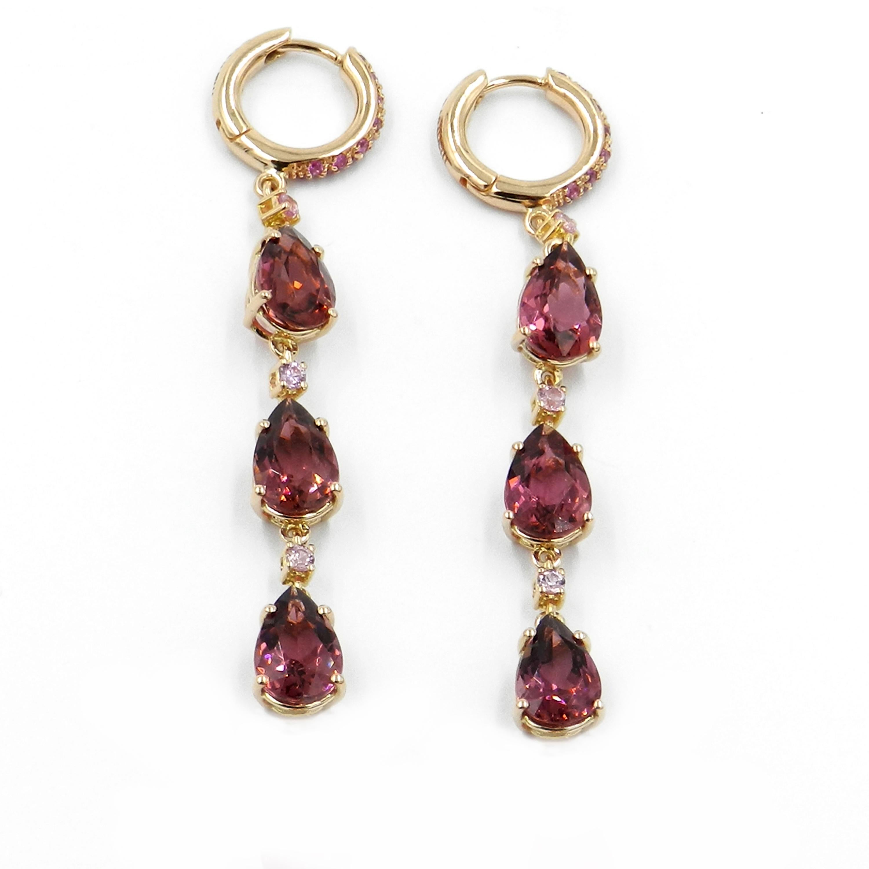 Contemporary 18 Karat Rose Gold Pink Tourmalines and Pink Sapphires Garavelli Long Earrings