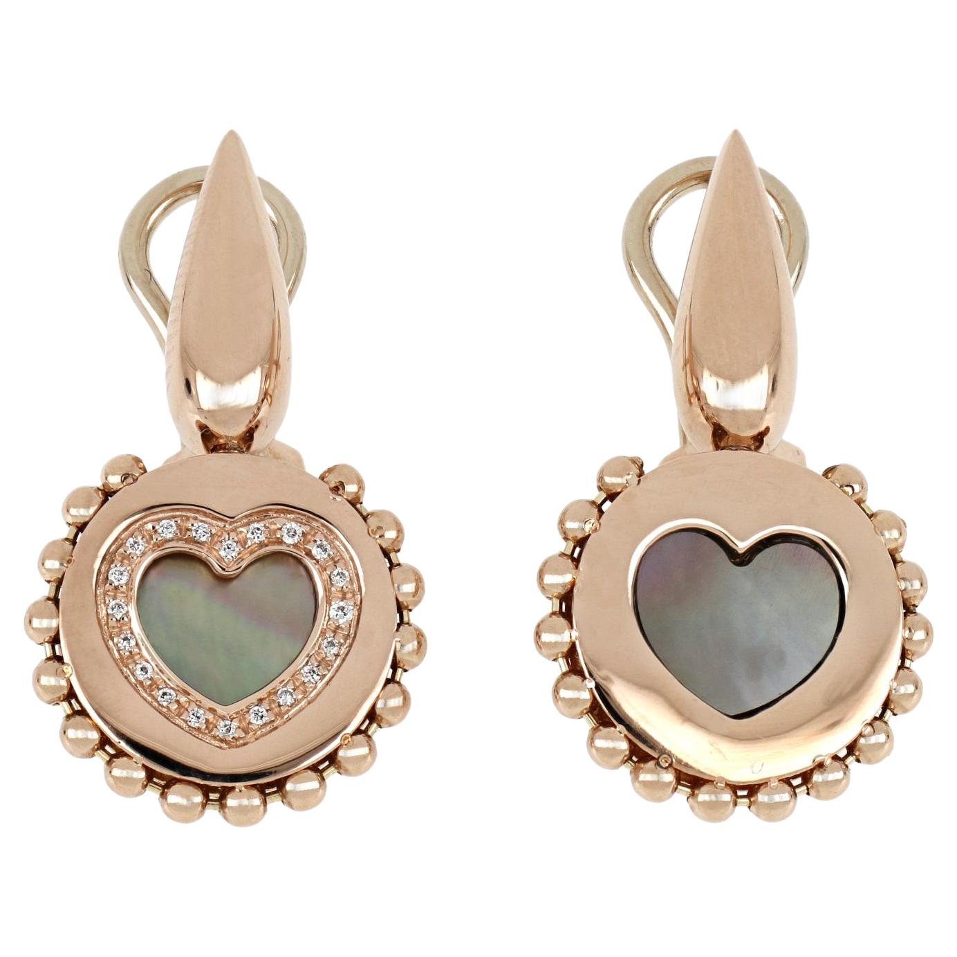 18kt Rose Gold Reverse Earrings "Heart" with Diamonds and Mother-of-pearl Insert For Sale