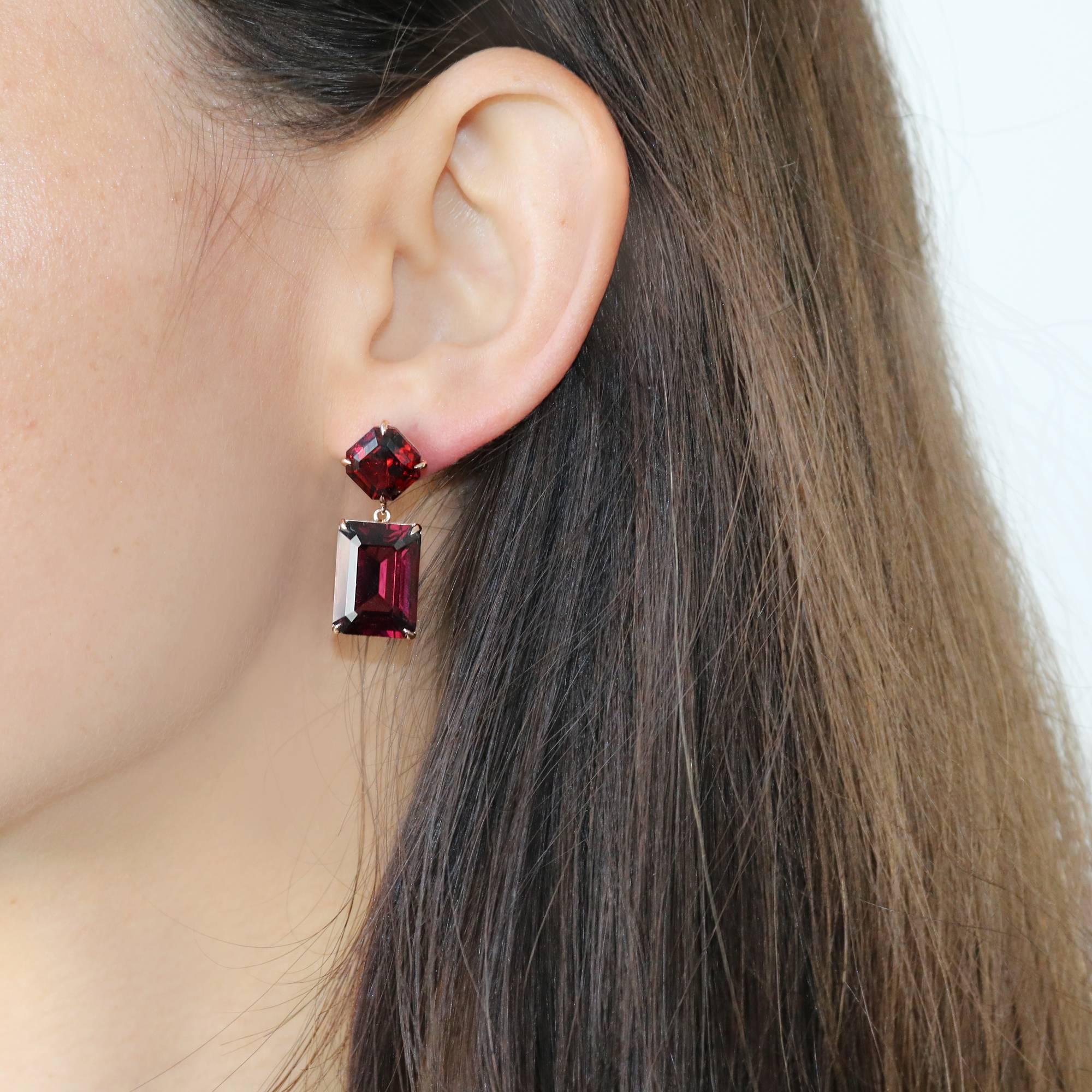 One of a kind emerald cut rhodolite garnet 14.88 carat earrings set in 18kt rose gold.

Clean lines, warm colored natural gemstones, and ideal cutting make this pair of all-day Rhodolite Garnet earrings a delight for the wearer.

The weight of each