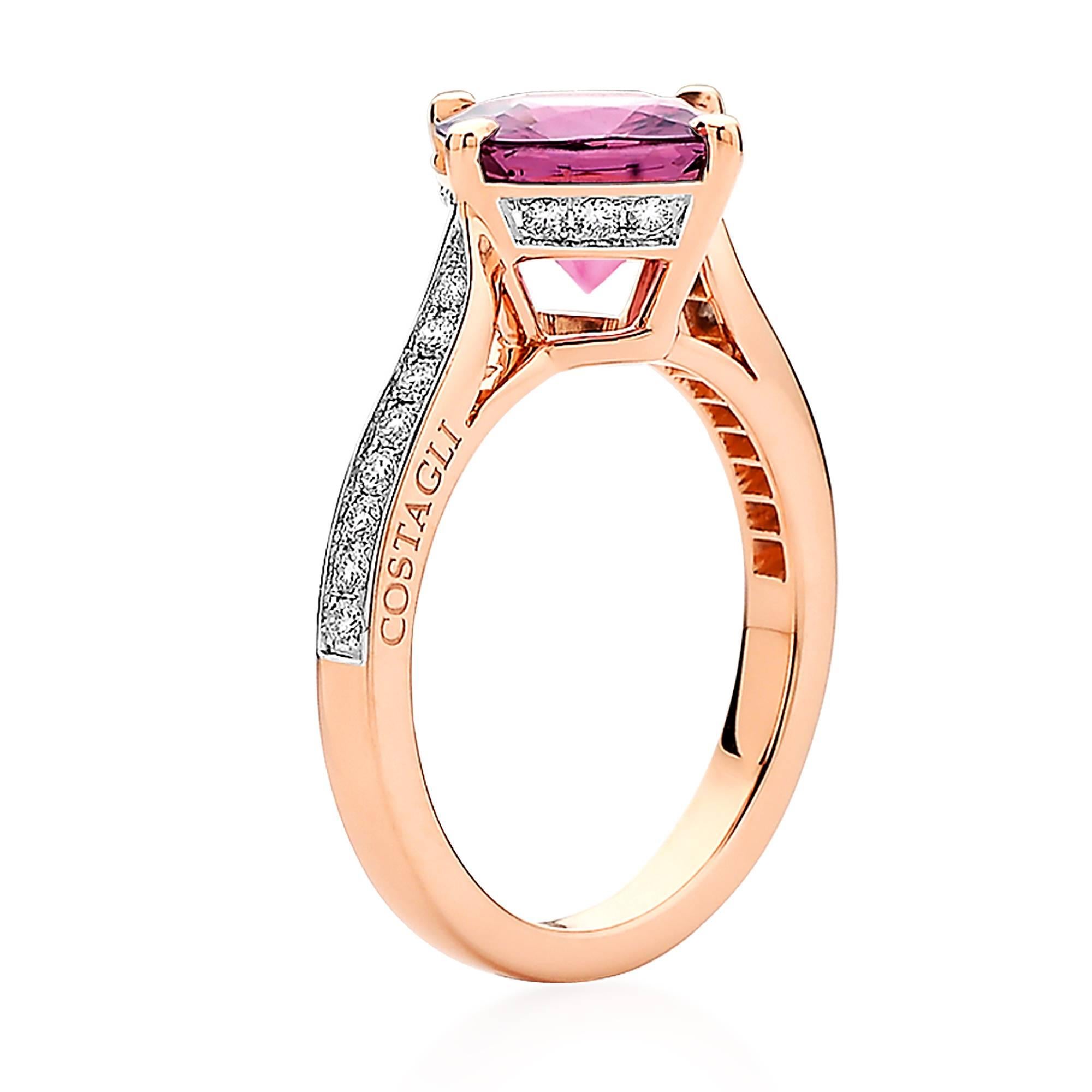 One of a kind cushion shape rhodolite pink garnet 3.20 carat ring set in 18kt rose gold with pave-set round, brilliant diamonds 0.26 carats.

This 18kt rose gold rhodolite pink garnet and diamonds cushion ring features the quintessential