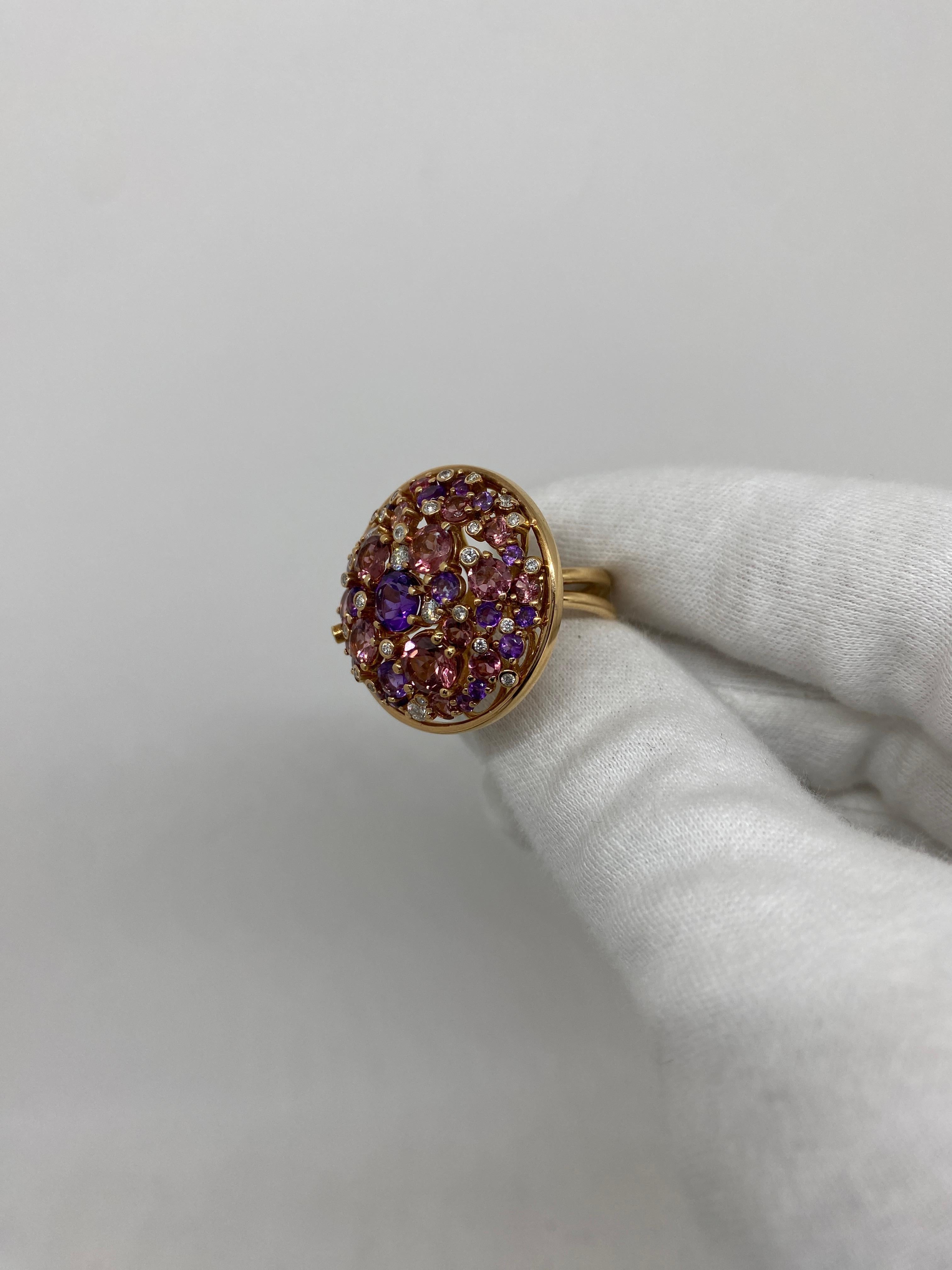 18 kt rose gold ring with amethysts, pink sapphires and natural white round-cut diamonds

Welcome to our jewelry collection, where every piece tells a story of timeless elegance and unparalleled craftsmanship. As a family-run business in Italy for