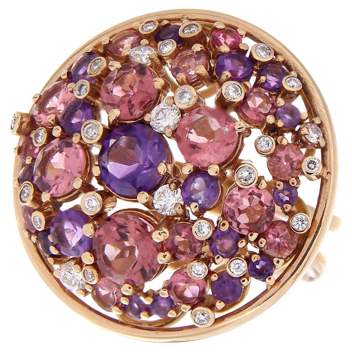 18 Karat Rose Gold Ring Amethys, Pink Sapphires & White Diamonds For Sale
