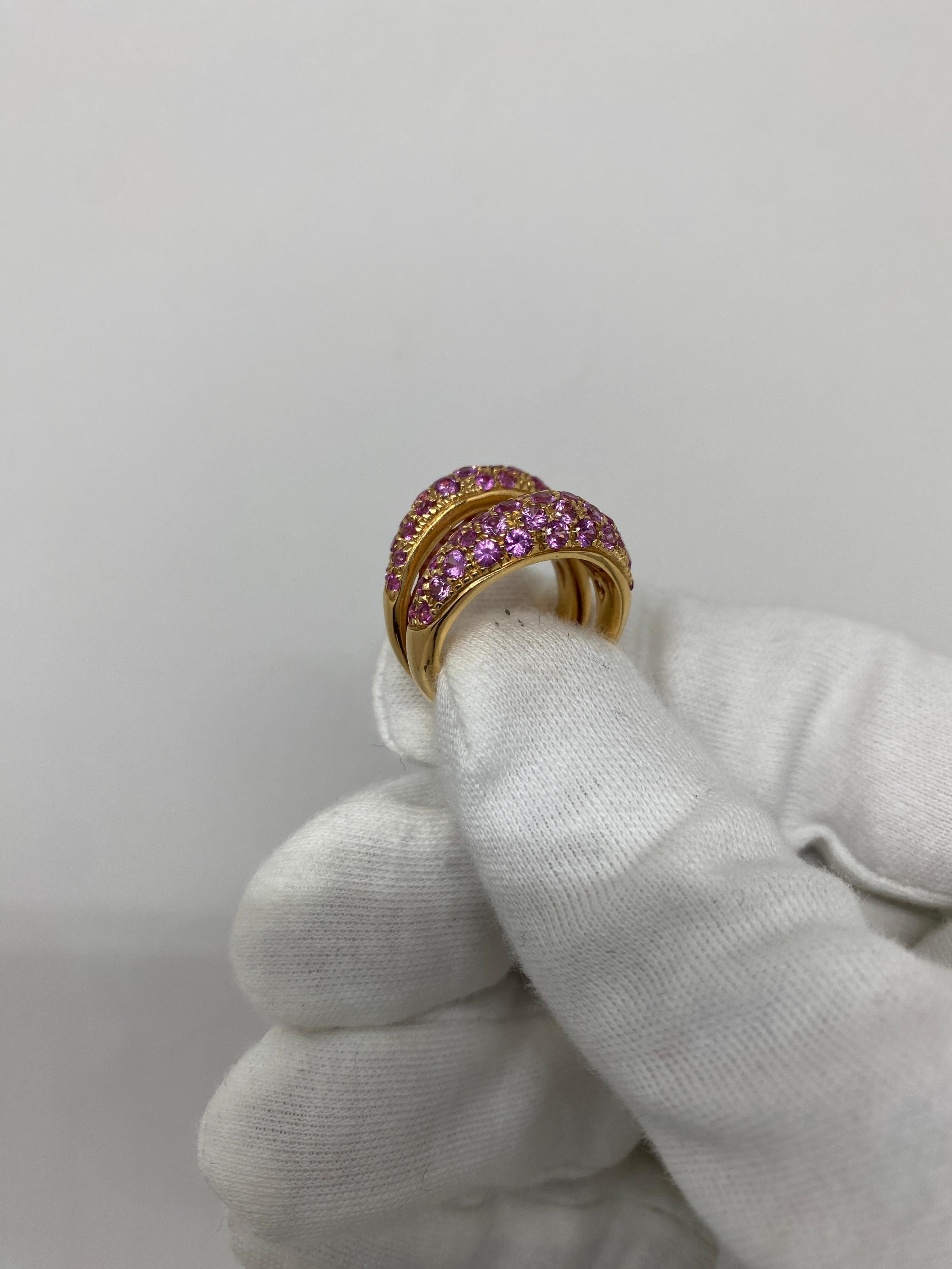 Brilliant Cut 18kt Rose Gold Ring Double Pink Sapphires Pavé 3.40 Ct For Sale