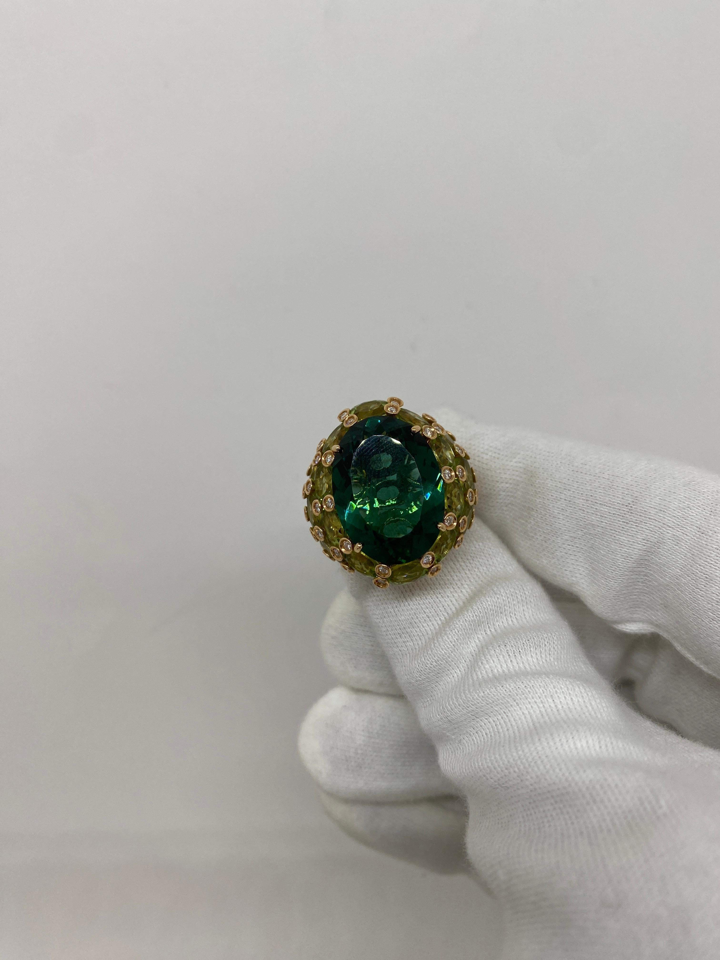 18 Karat Rose Gold Ring Green Quartz, Peridot & White Diamonds For Sale 1