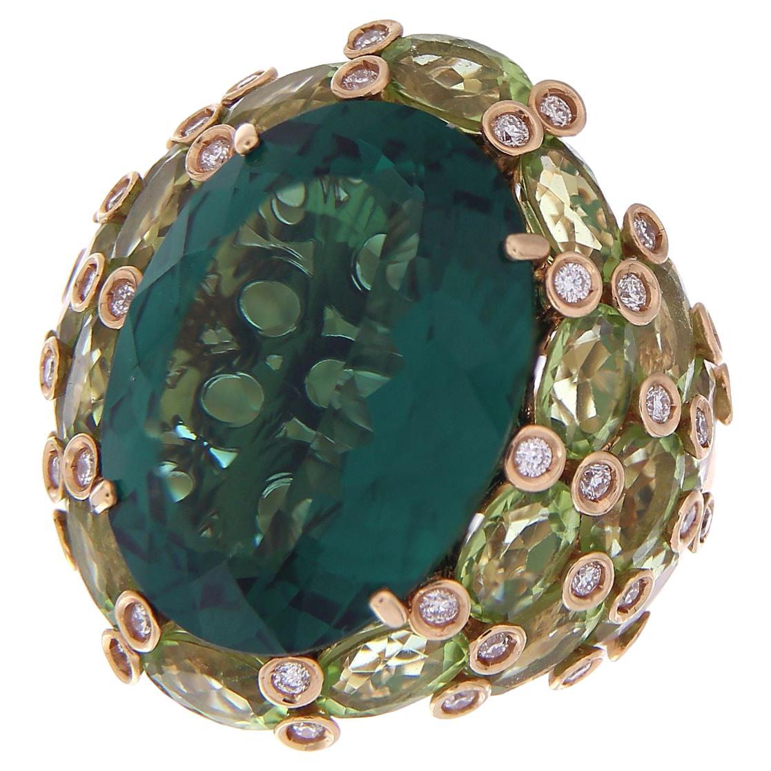 18 Karat Rose Gold Ring Green Quartz, Peridot & White Diamonds For Sale