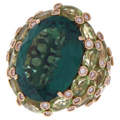 18 Karat Rose Gold Ring Green Quartz, Peridot & White Diamonds