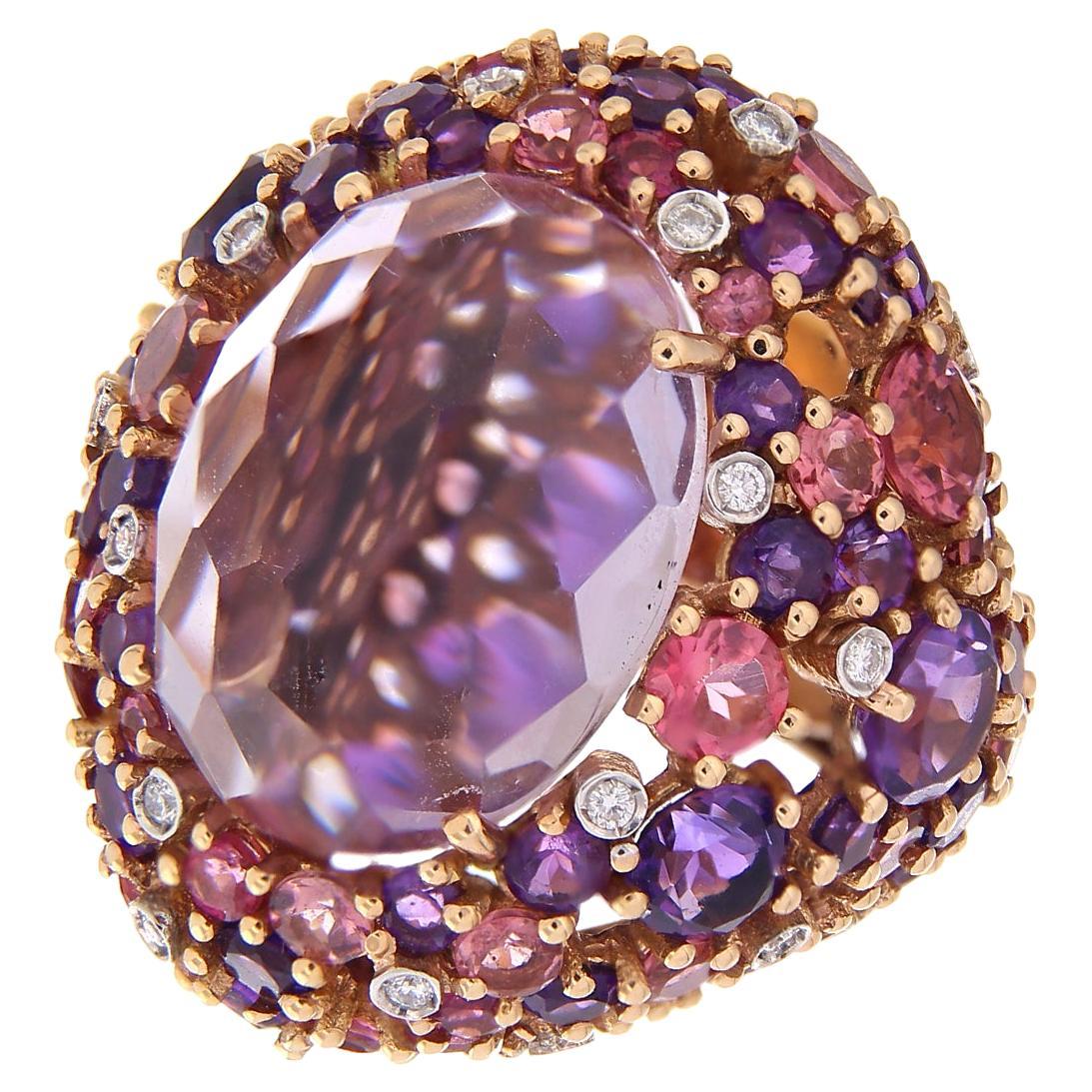 18 Karat Rose Gold Ring Oval Cut Amethyst, Sapphires & White Diamonds