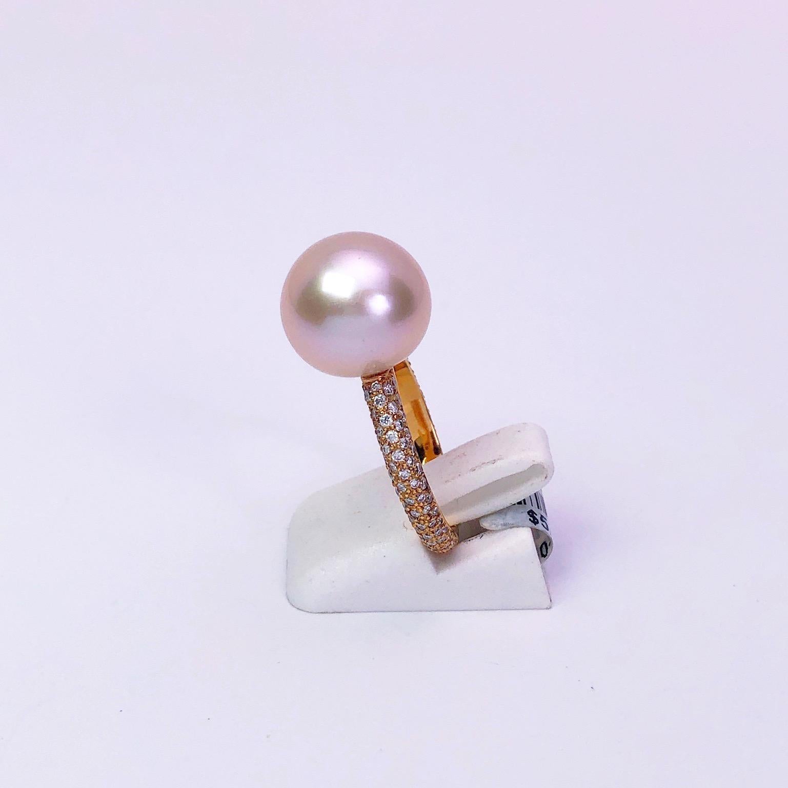 Modern 18 Karat Rose Gold Ring with Pink South Sea Pearl and .61 Carat Diamonds For Sale