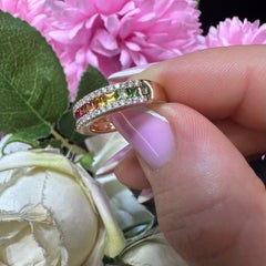 18KT Rose Gold Ring with Multi-Color Princess-Cut Sapphires and Diamond Accents