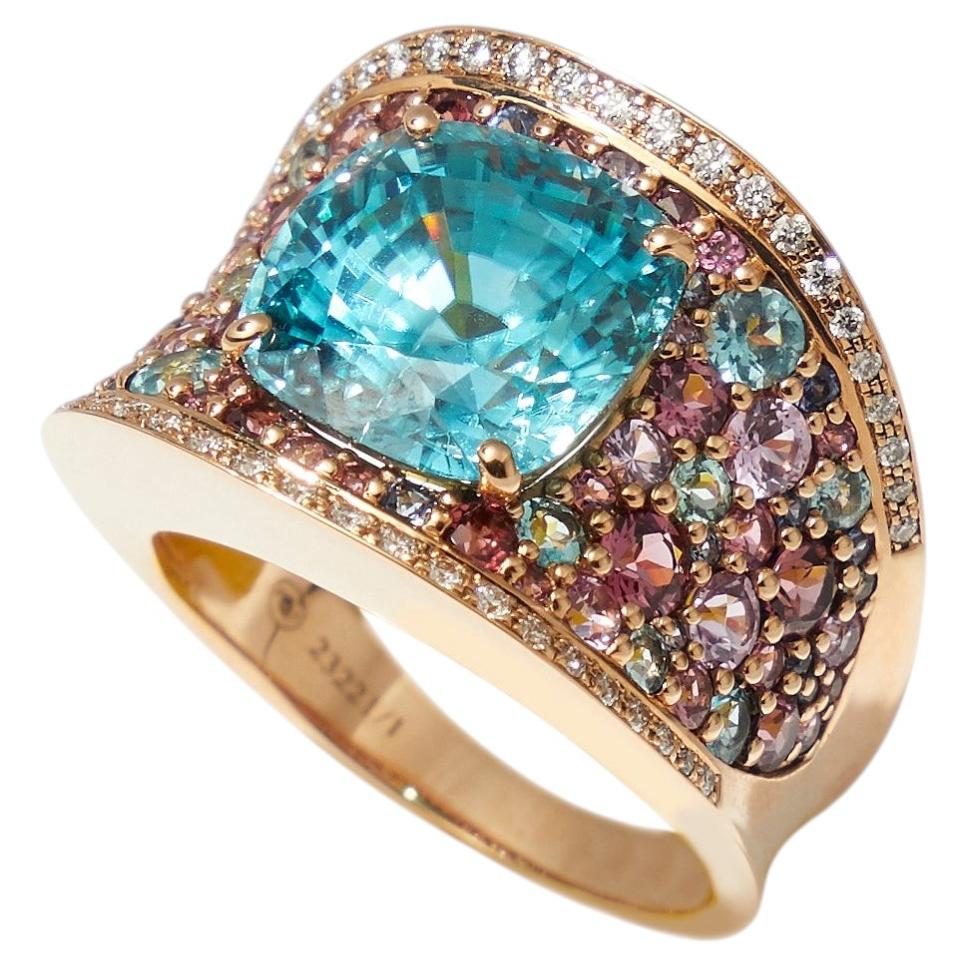 anillo de oro rosa de 18 quilates con gemas turquesa y rosa un zirkon único de talla cojín en venta