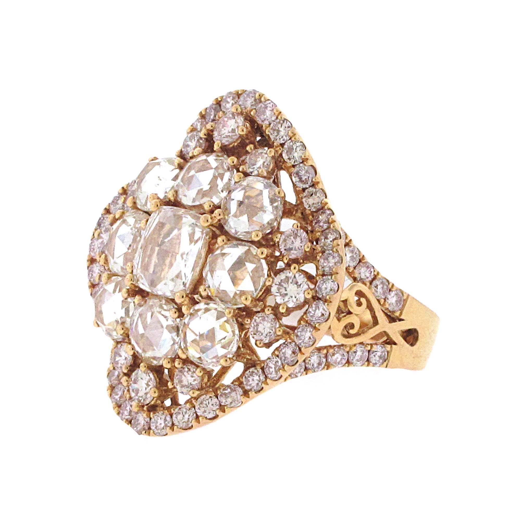 Modern 18 Karat Rose Gold Rose Cut Diamond Ring, over 5 Carat Total