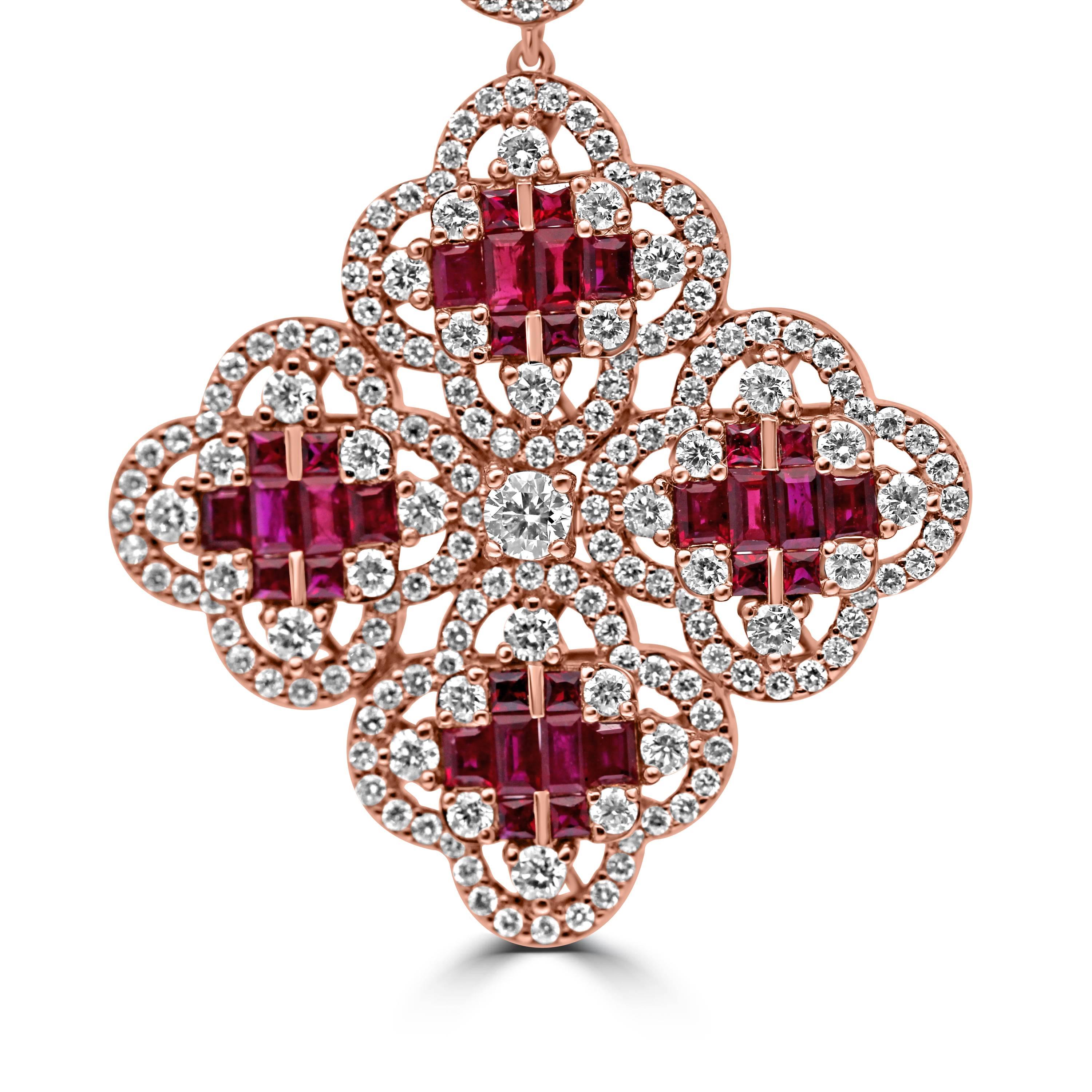 Gorgeous 18kt rose gold Clover pendant.
Mounted with 2.49ct of white brilliant cut diamonds and 2.51ct of elongated baguette cut natural rubies gemstones.
Comes with an 18kt rose gold chain.

Matching earrings are available.
Perfect for day and
