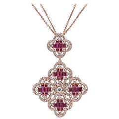 18 Karat Rose Gold Ruby Gemstone and Diamond Clover Pendant Necklace