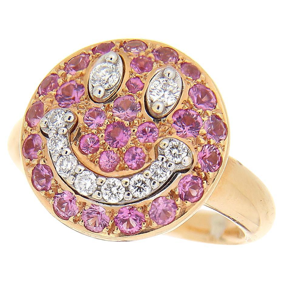 18Kt Rose Gold "Smile" Ring Pink Sapphires 1.20 ct White Diamonds 0.25 For Sale