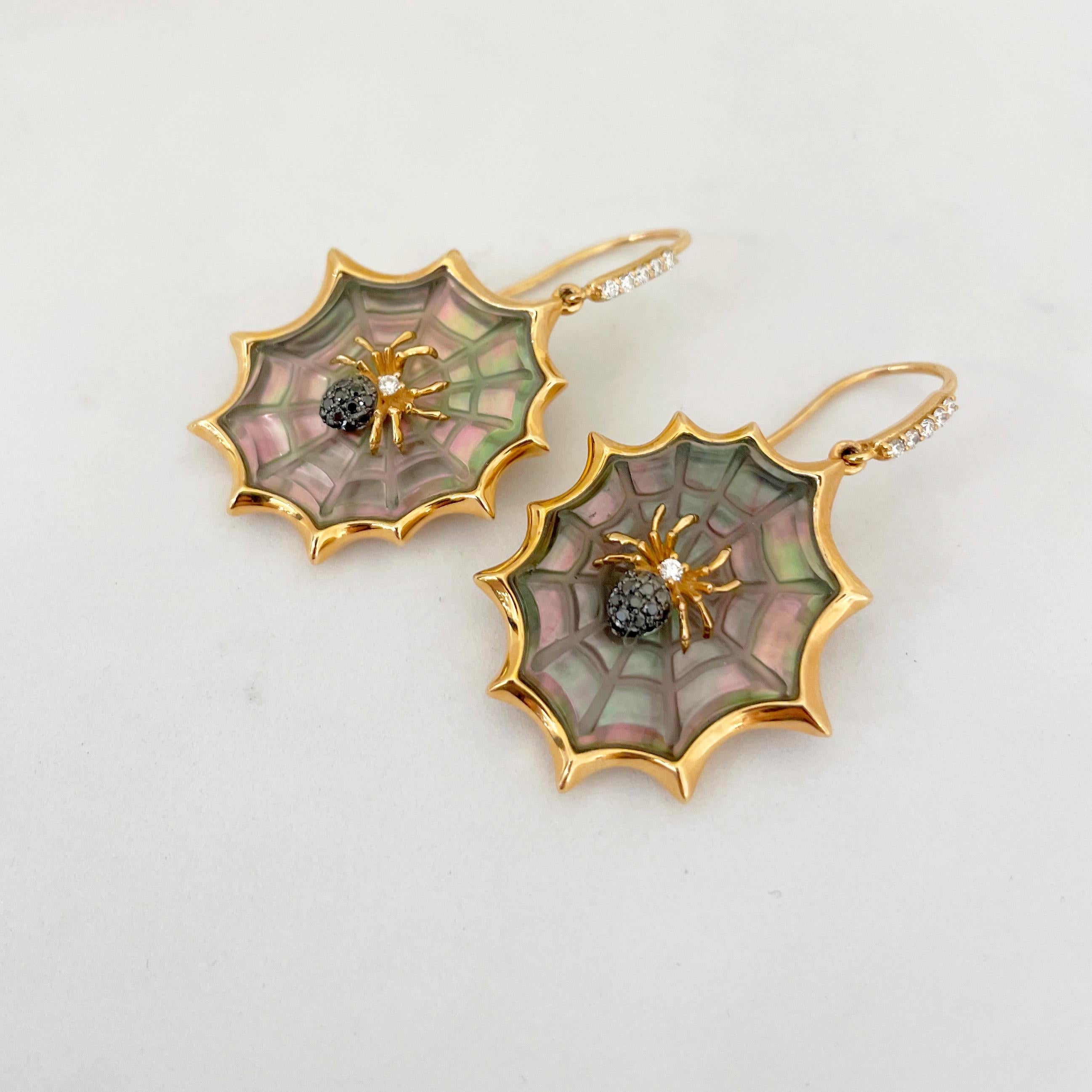 Artisan 18 Karat Rose Gold Spider Web Earrings with Black Mother of Pearl and Diamonds