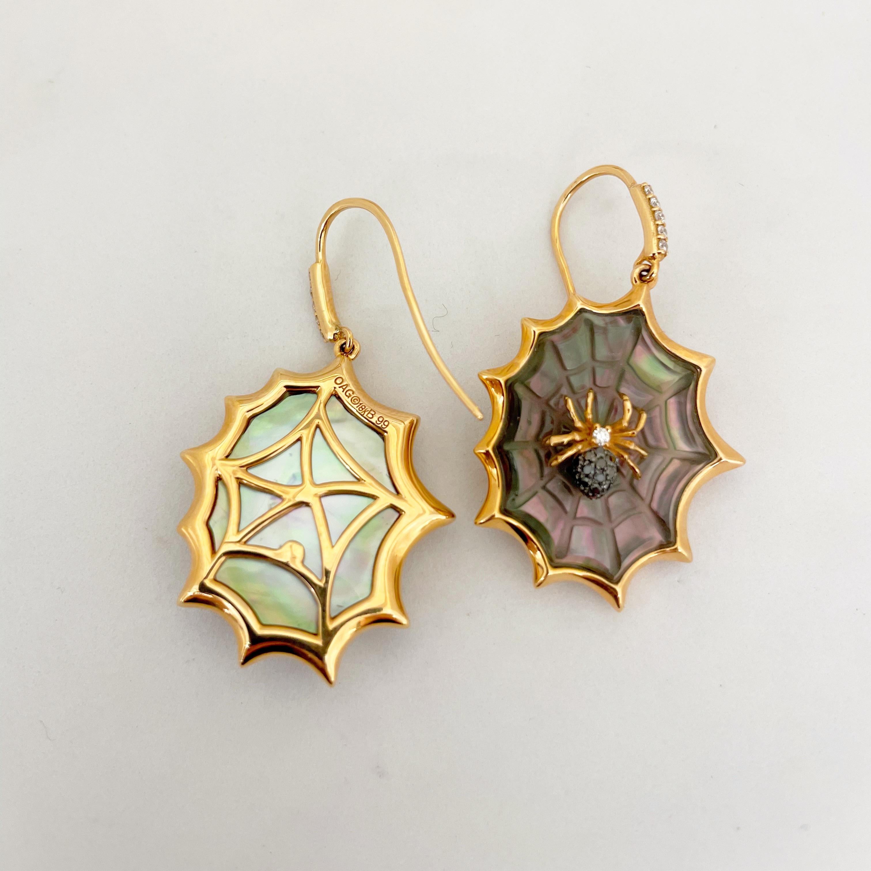 Round Cut 18 Karat Rose Gold Spider Web Earrings with Black Mother of Pearl and Diamonds