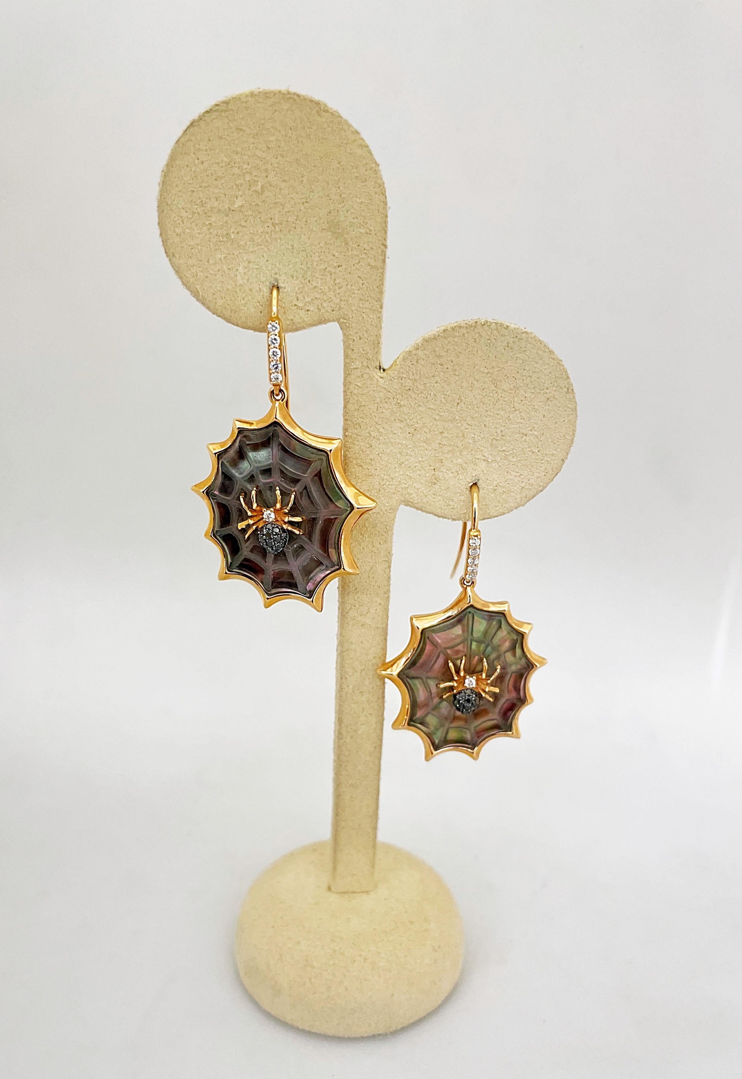 18 Karat Rose Gold Spider Web Earrings with Black Mother of Pearl and Diamonds In New Condition In New York, NY