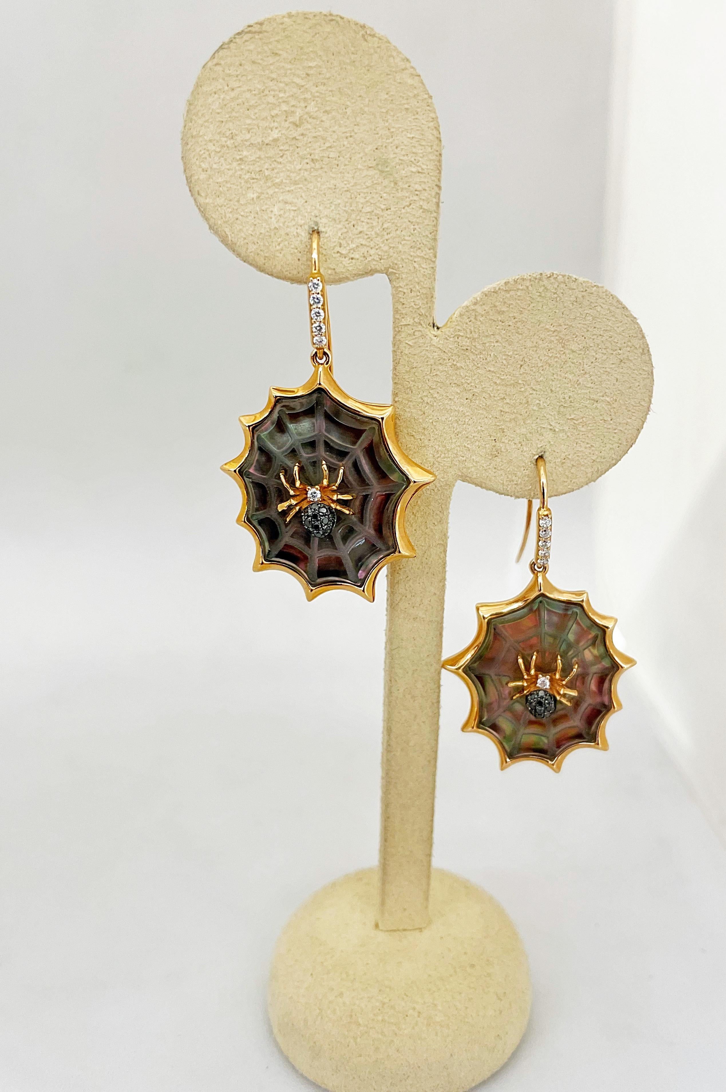 Women's or Men's 18 Karat Rose Gold Spider Web Earrings with Black Mother of Pearl and Diamonds