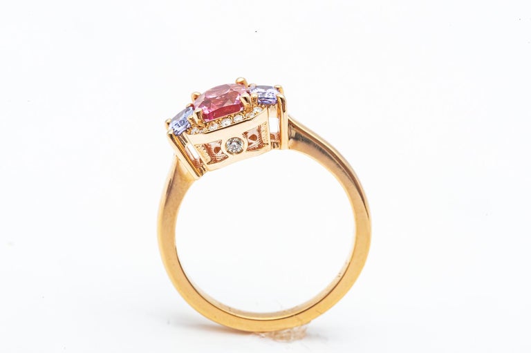 Art Deco 18kt Rose Gold Spinel Pink Sapphire and Diamond Cocktail Ring For Sale