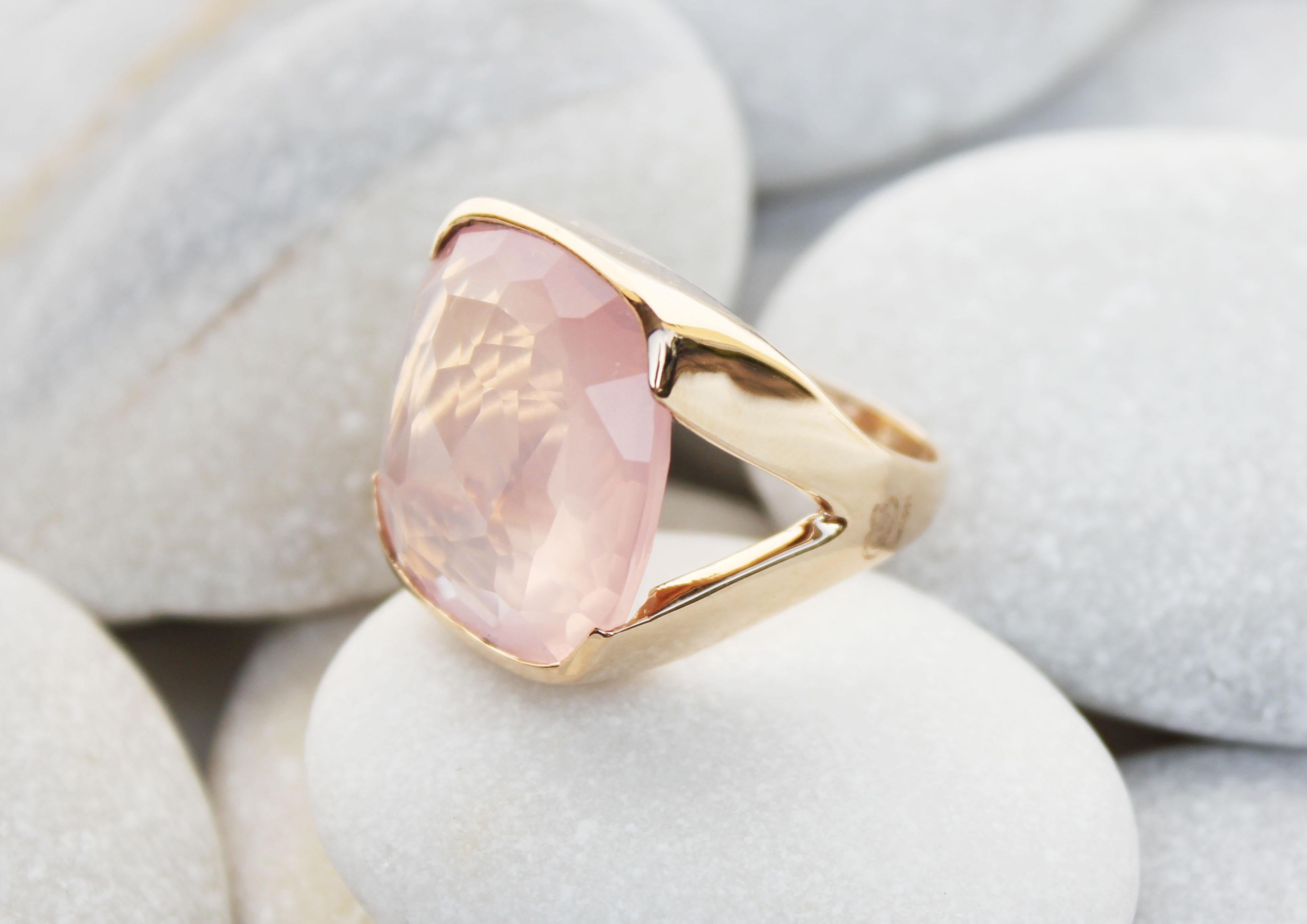 Fashion modern cocktail ring in 18kt rose gold with natural  pink quartz stone , handemade in Italy by Stanoppi Jewellery since 1948.  The stone is a real novelty, designed by the stylist Gisella for her new jewels of the spring-summer 2025