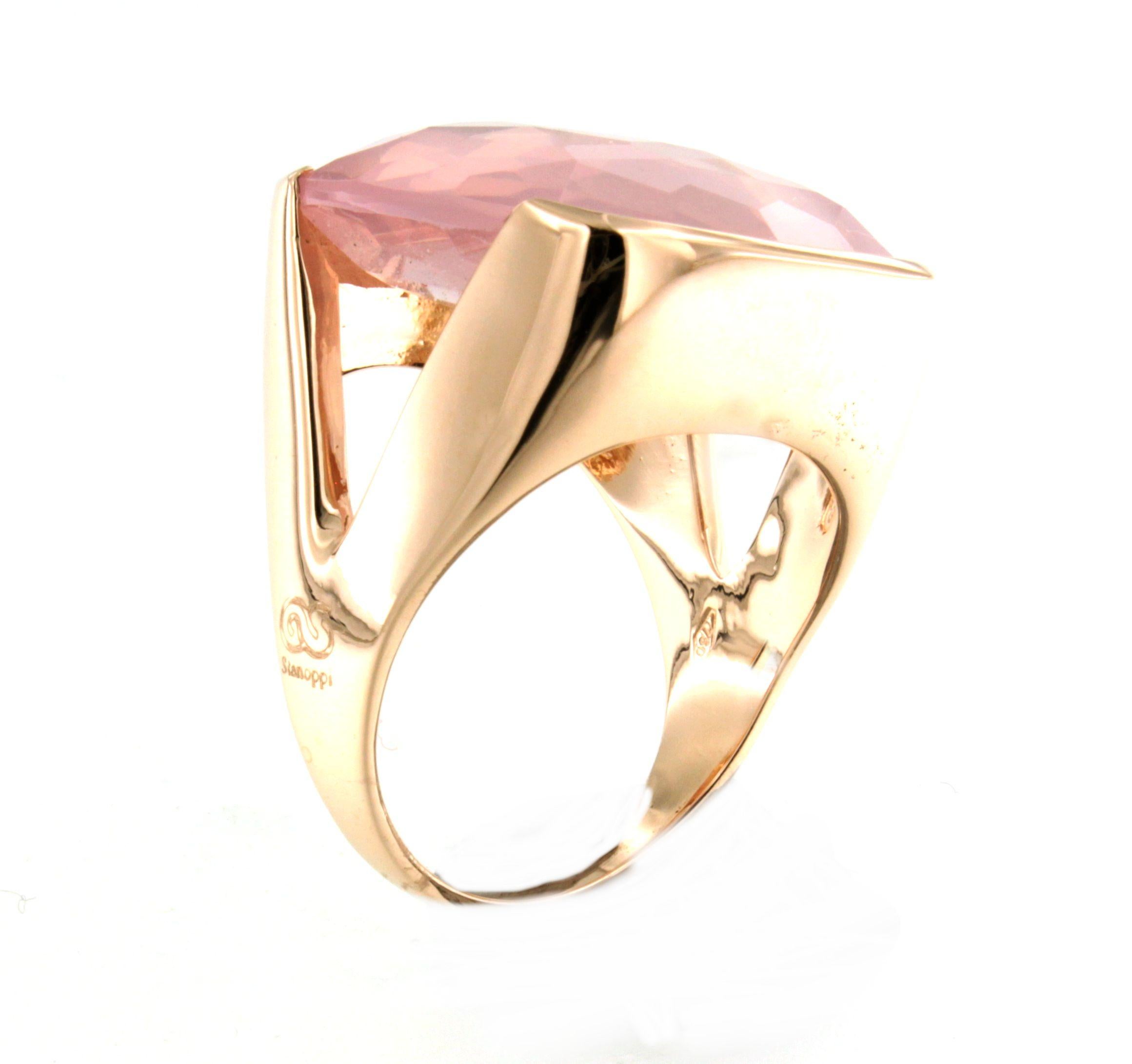 Cushion Cut 18Kt  Rose Gold Stone Pink Quartz Cocktail Fashion  Modern Contemporaney Ring For Sale