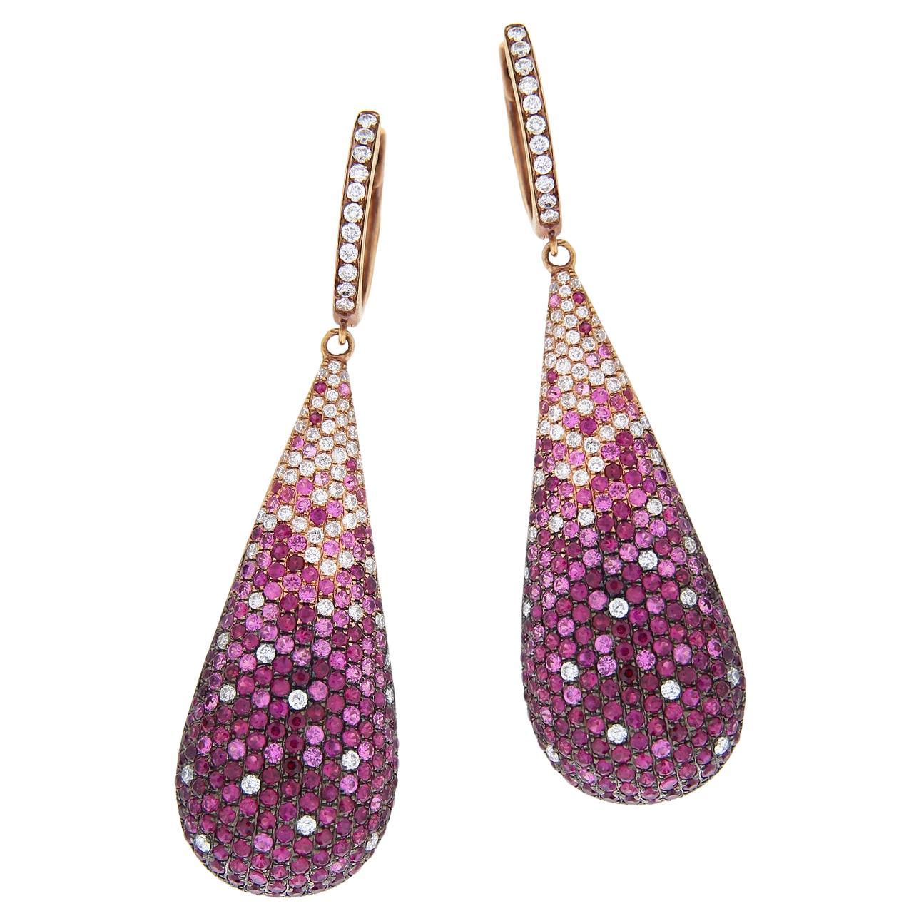 18kt Rose Gold Stunning Drop Earrings 4.13ct Rubies 1.82ct Sapphires & Diamond For Sale