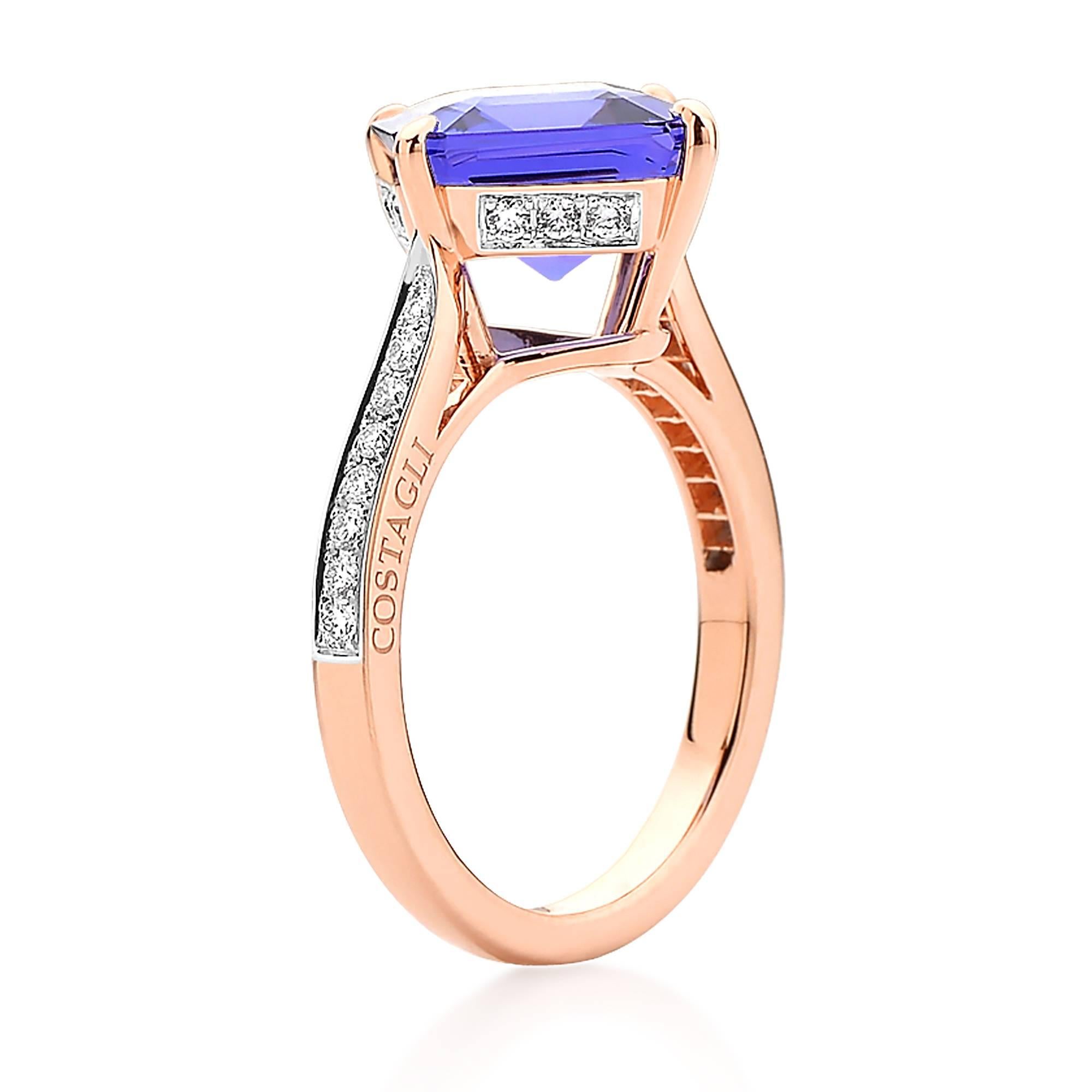 One of a kind emerald cut tanzanite 4.30 carat ring set in 18kt rose gold with pave-set round, brilliant diamonds, 0.27 carats.

A very clean look is the at the base of this emerald cut Tanzanite ring set with diamonds.

Worn as right hand ring or