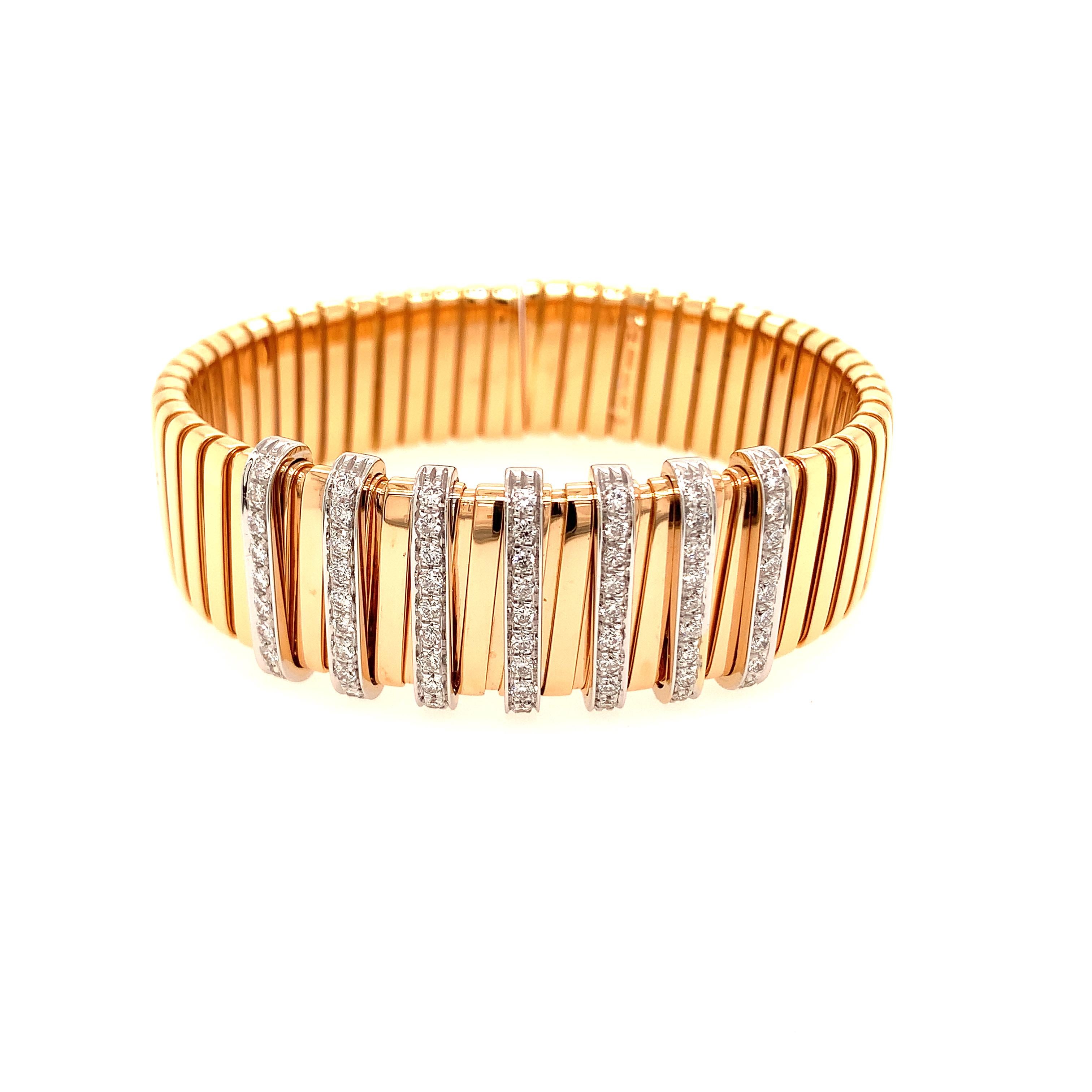 Round Cut 18kt Rose Gold Tubo Gas Flat Ring with Diamond Stations