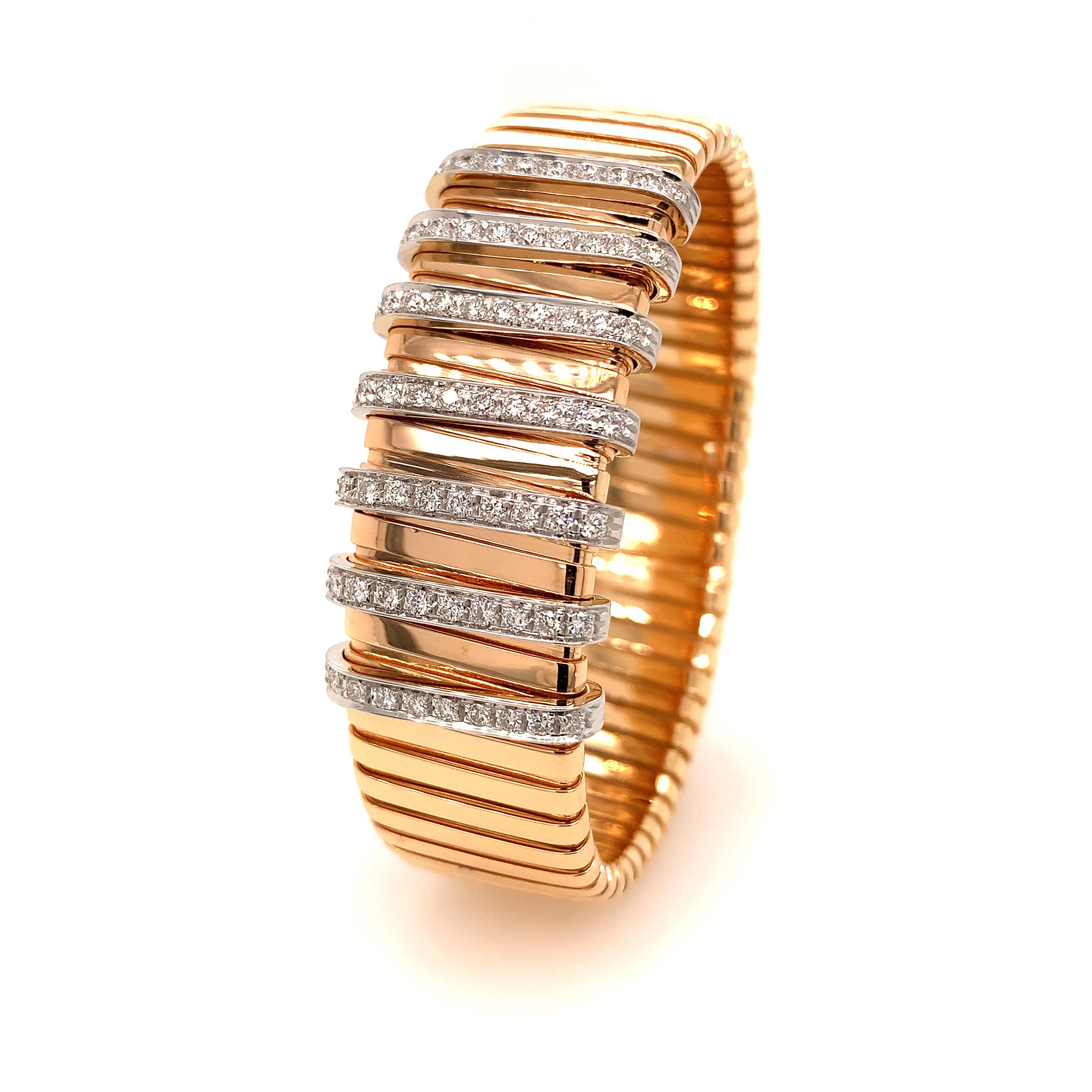 18kt Rose Gold Tubo Gas Flat Ring with Diamond Stations In New Condition In Valenza, IT