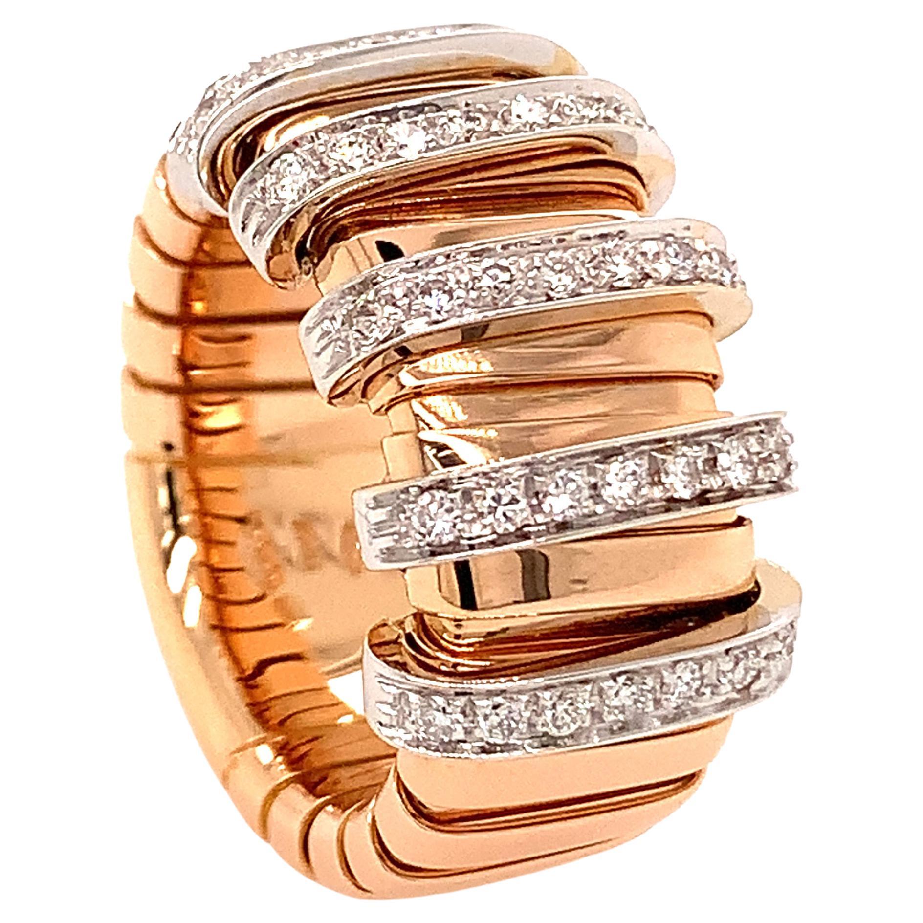 18kt Rose Gold Tubo Gas Flat Ring with Diamond Stations