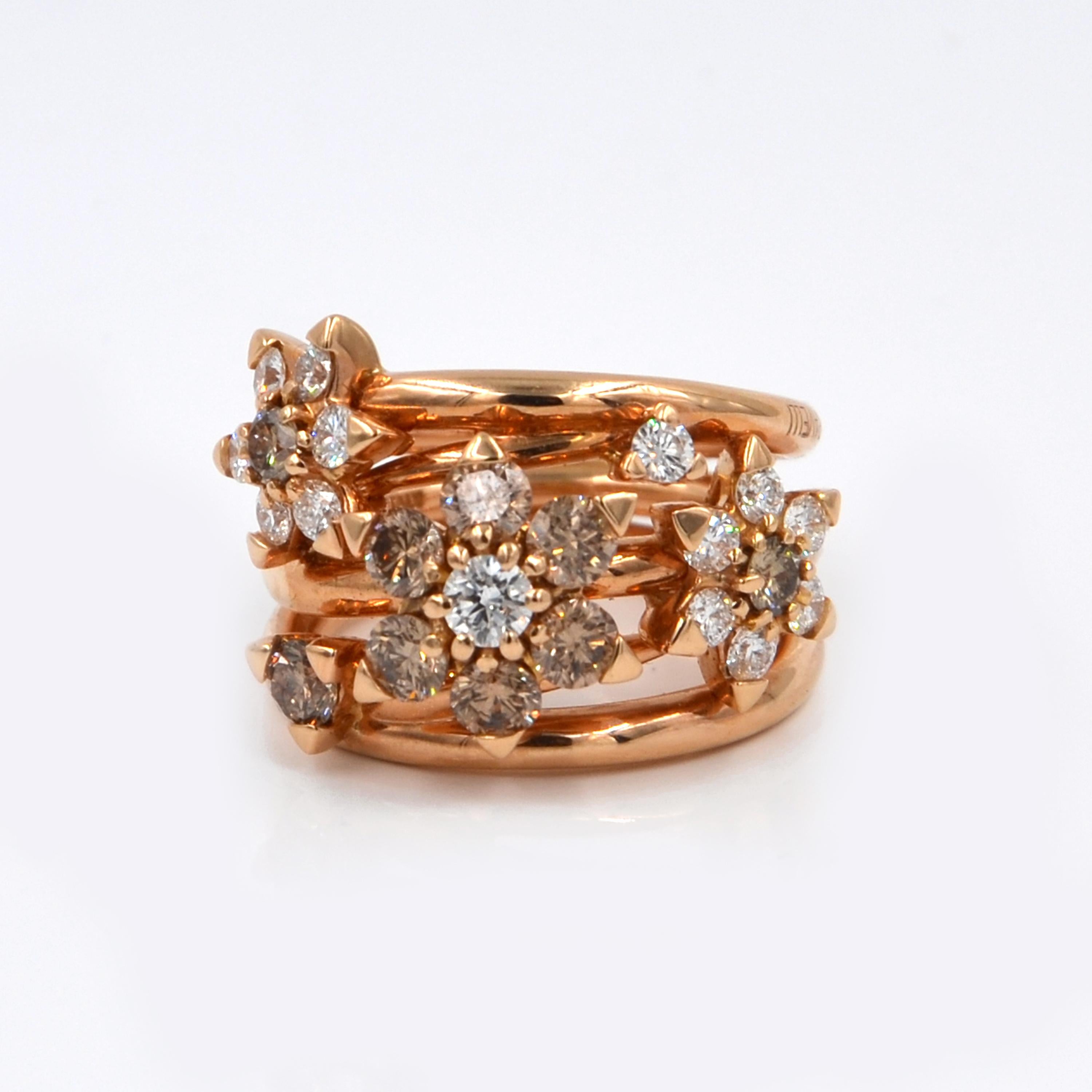 18 Karat Rose Gold White and Brown Diamonds Garavelli Flower Cocktail Ring 4