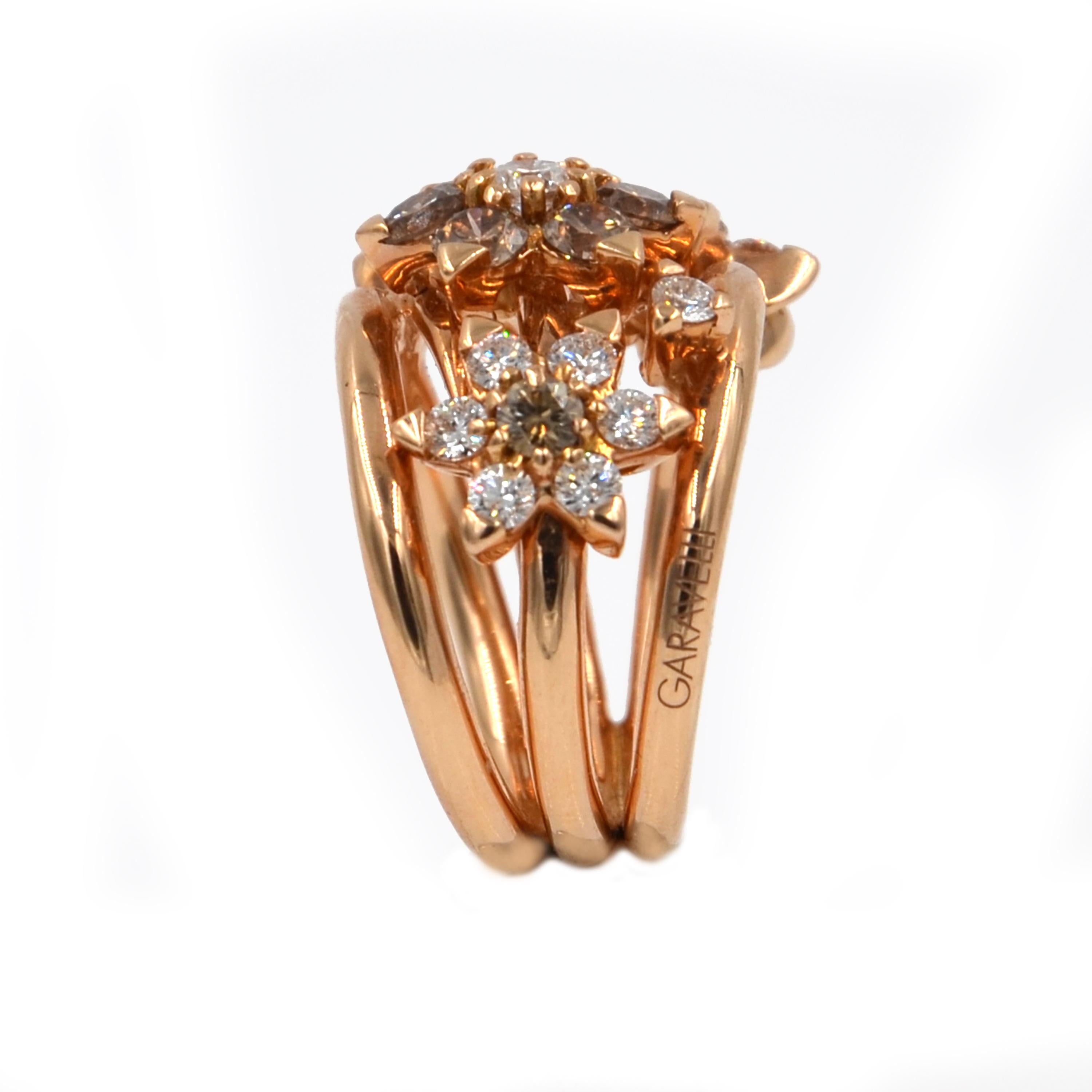 18KT Rose Gold   white and brown diamonds GARAVELLI flower cocktail ring.
Finger size 54  Can be customized in the size.
Made in Italy, in Valenza.

18KT ROSE GOLD  :GR 17.33
BROWN DIAMONDS ct : 1,46
WHITE DIAMONDS ct : 0.98
