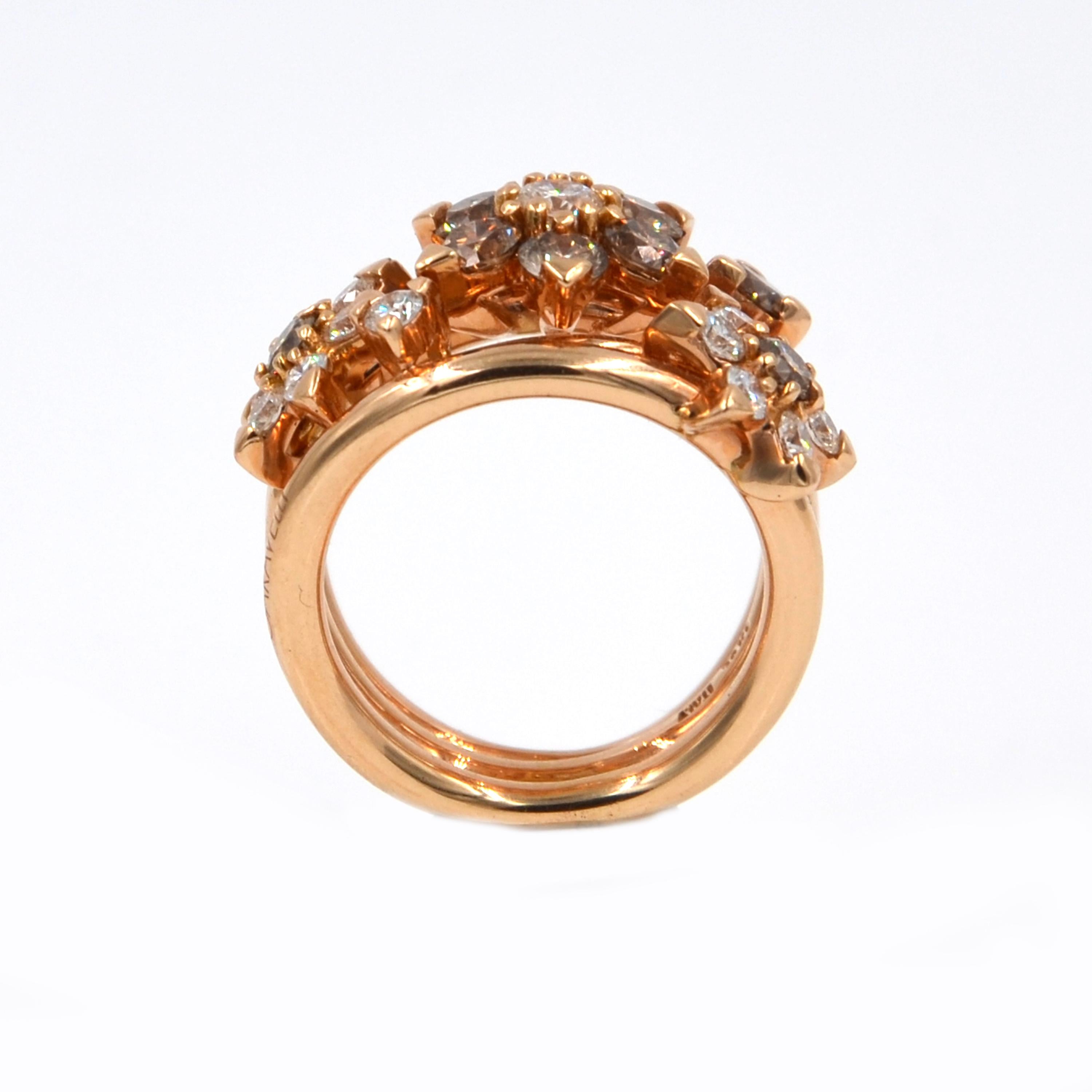 Contemporary 18 Karat Rose Gold White and Brown Diamonds Garavelli Flower Cocktail Ring