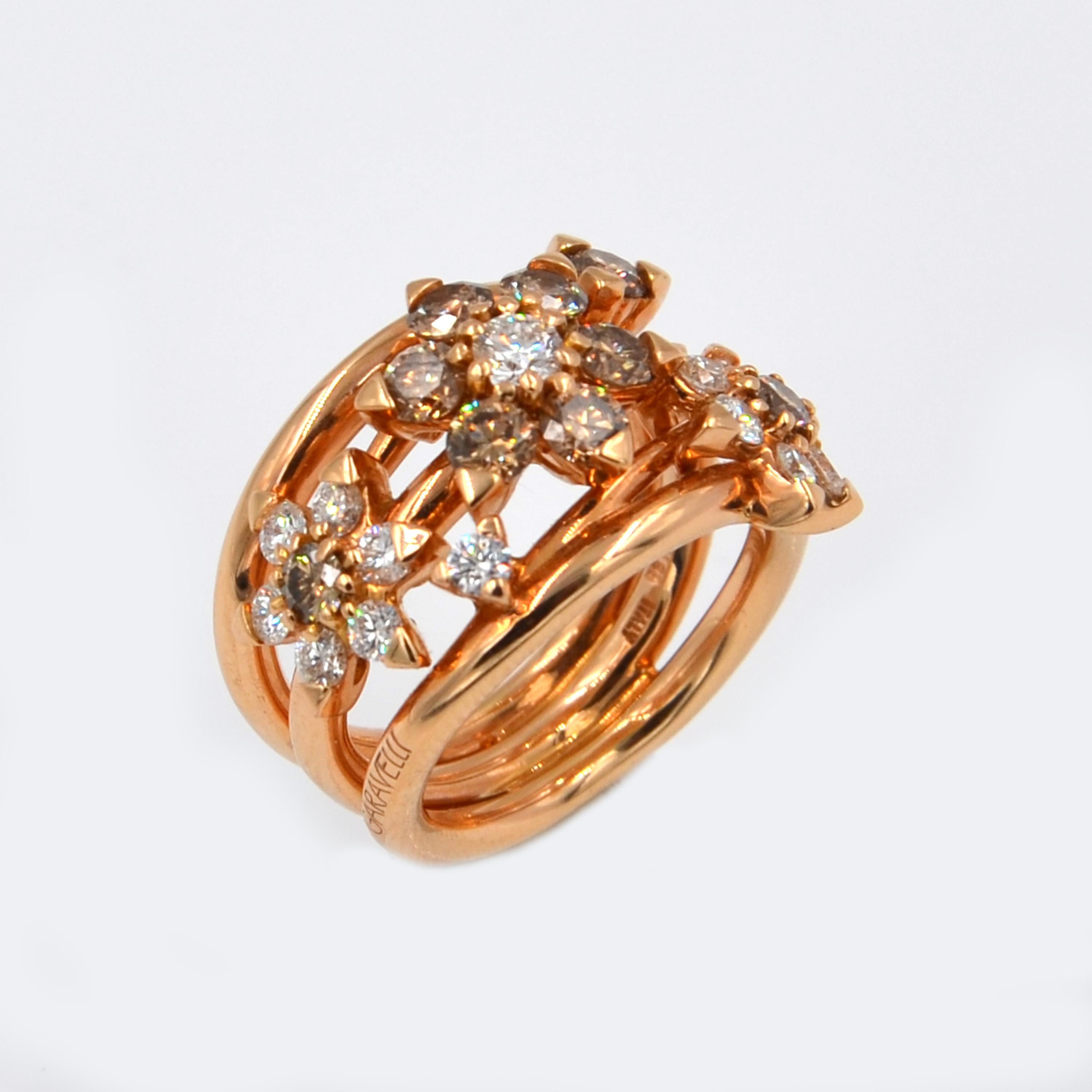 18 Karat Rose Gold White and Brown Diamonds Garavelli Flower Cocktail Ring In New Condition In Valenza, IT