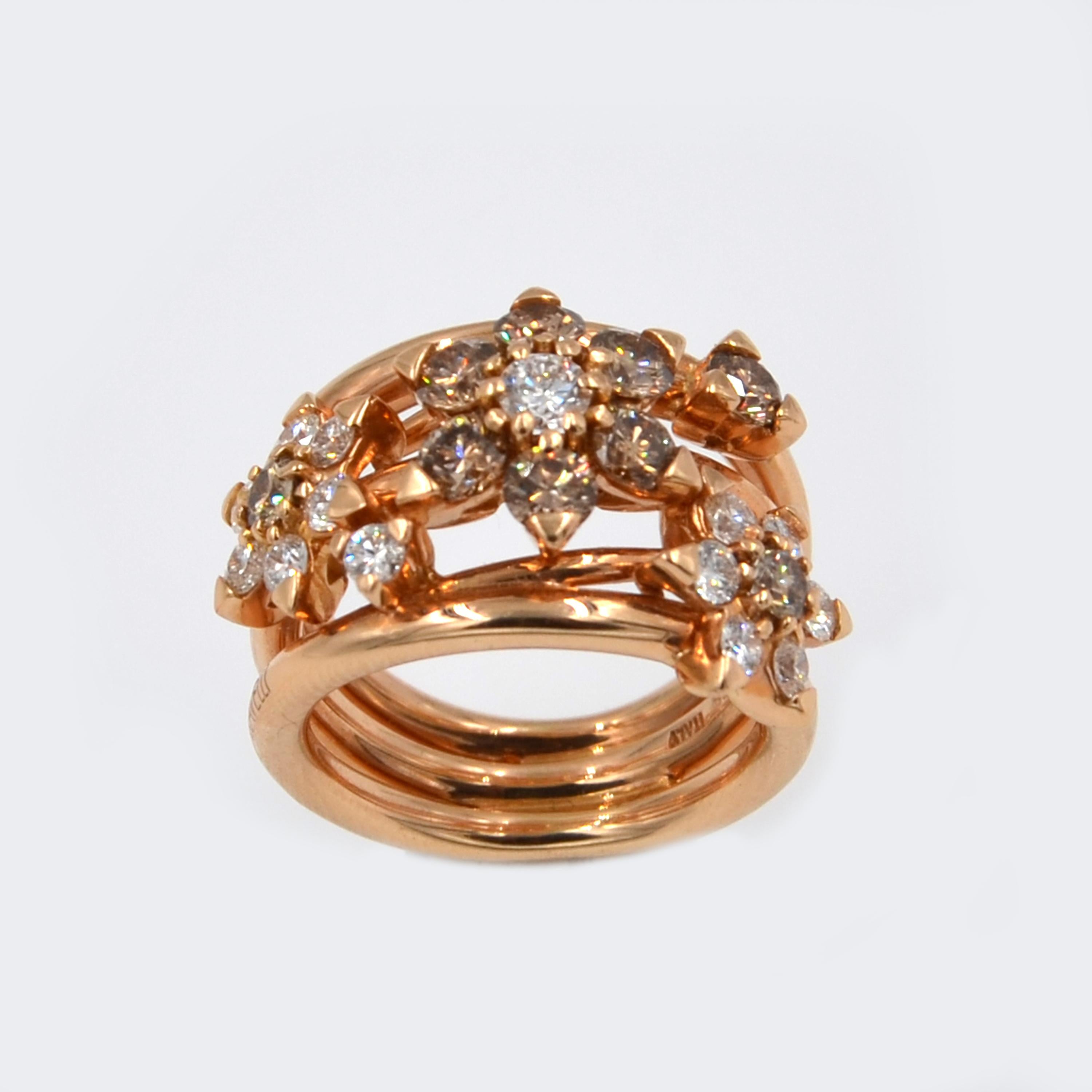 Women's 18 Karat Rose Gold White and Brown Diamonds Garavelli Flower Cocktail Ring