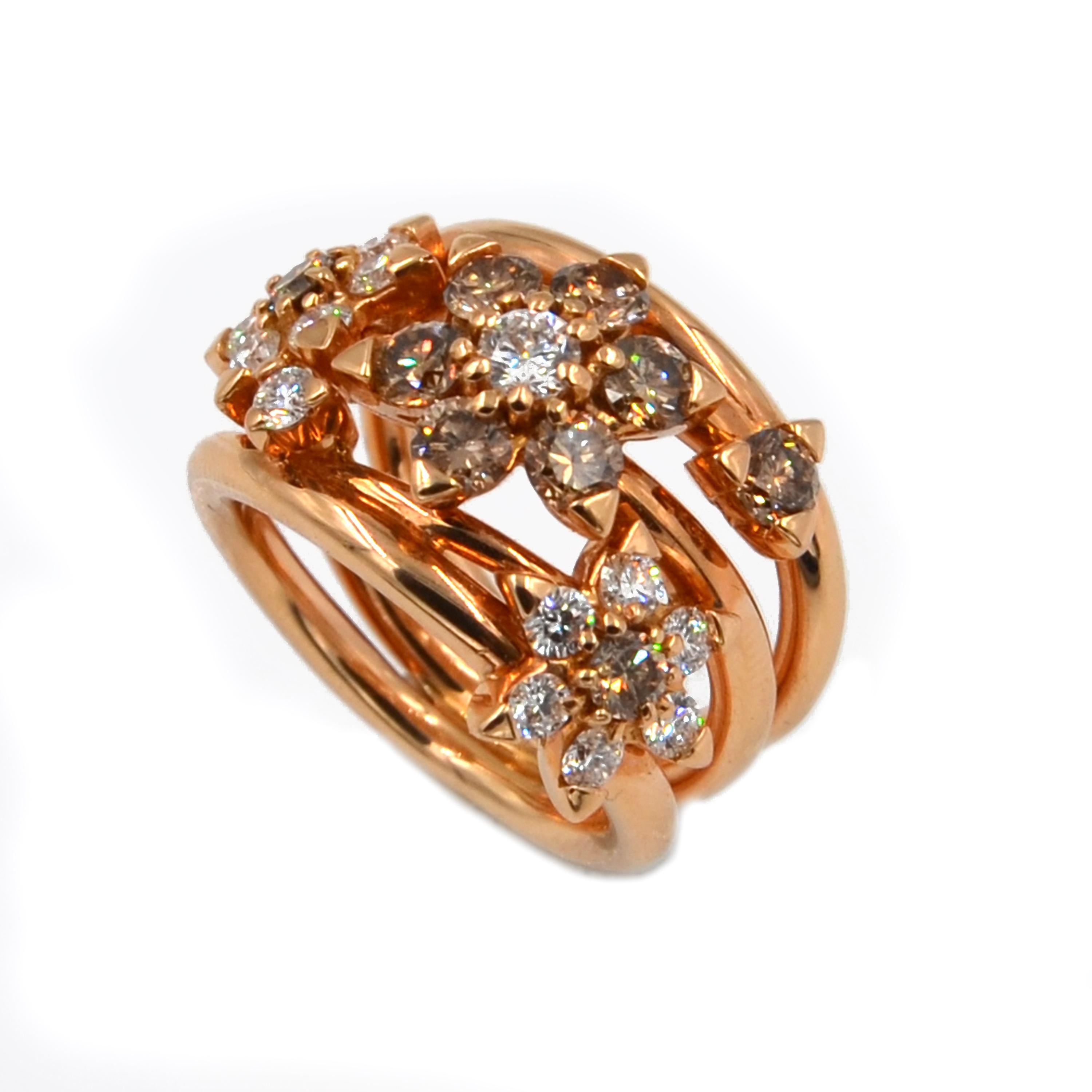 18 Karat Rose Gold White and Brown Diamonds Garavelli Flower Cocktail Ring